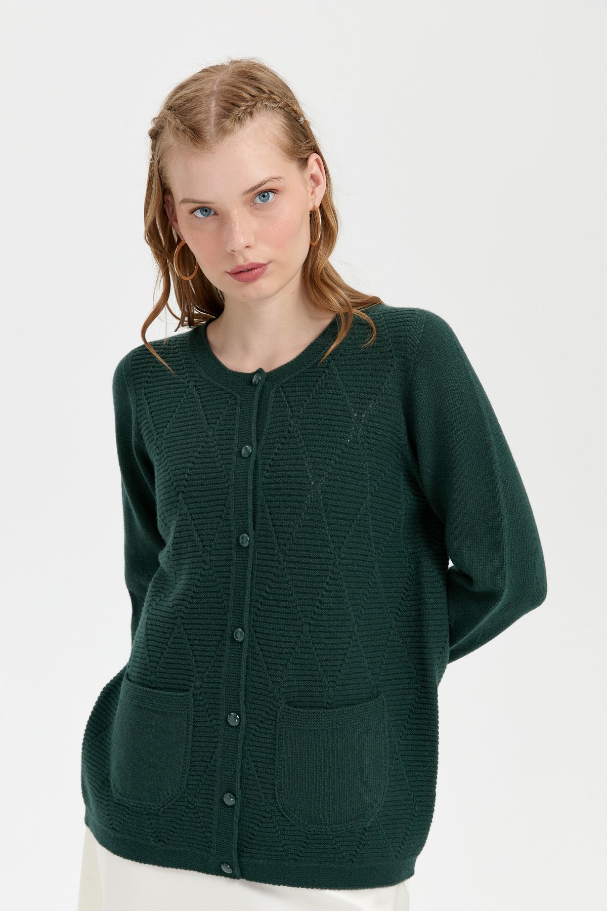 24202Kadın Sıfır Yaka Önü Baklava Örgü Dikişsiz Yün Hırka Yeşil