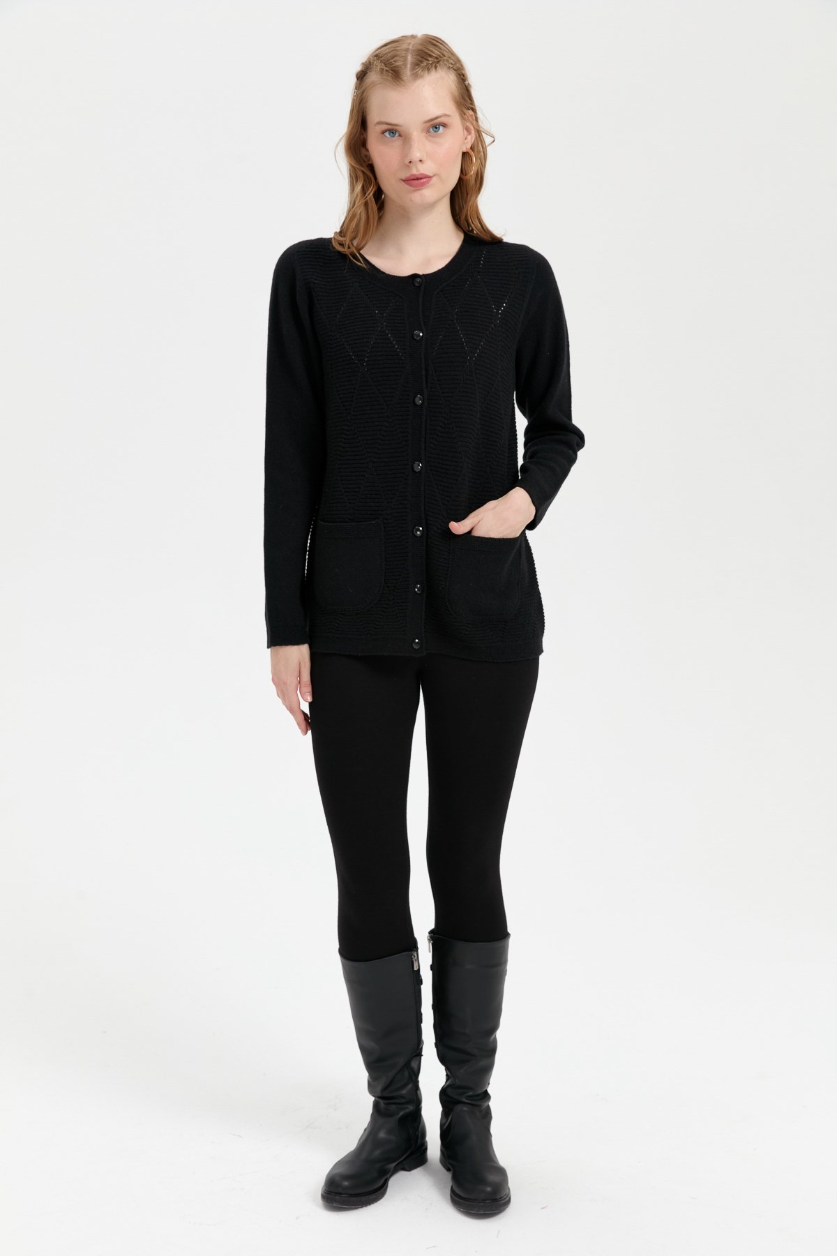 24202Kadın Sıfır Yaka Önü Baklava Örgü Dikişsiz Yün Hırka Siyah