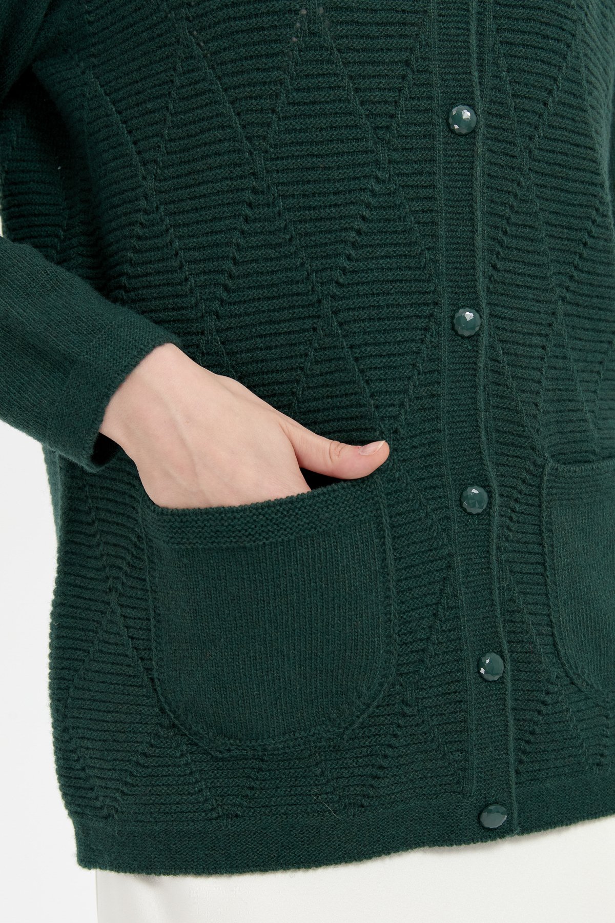 24202Kadın Sıfır Yaka Önü Baklava Örgü Dikişsiz Yün Hırka Yeşil