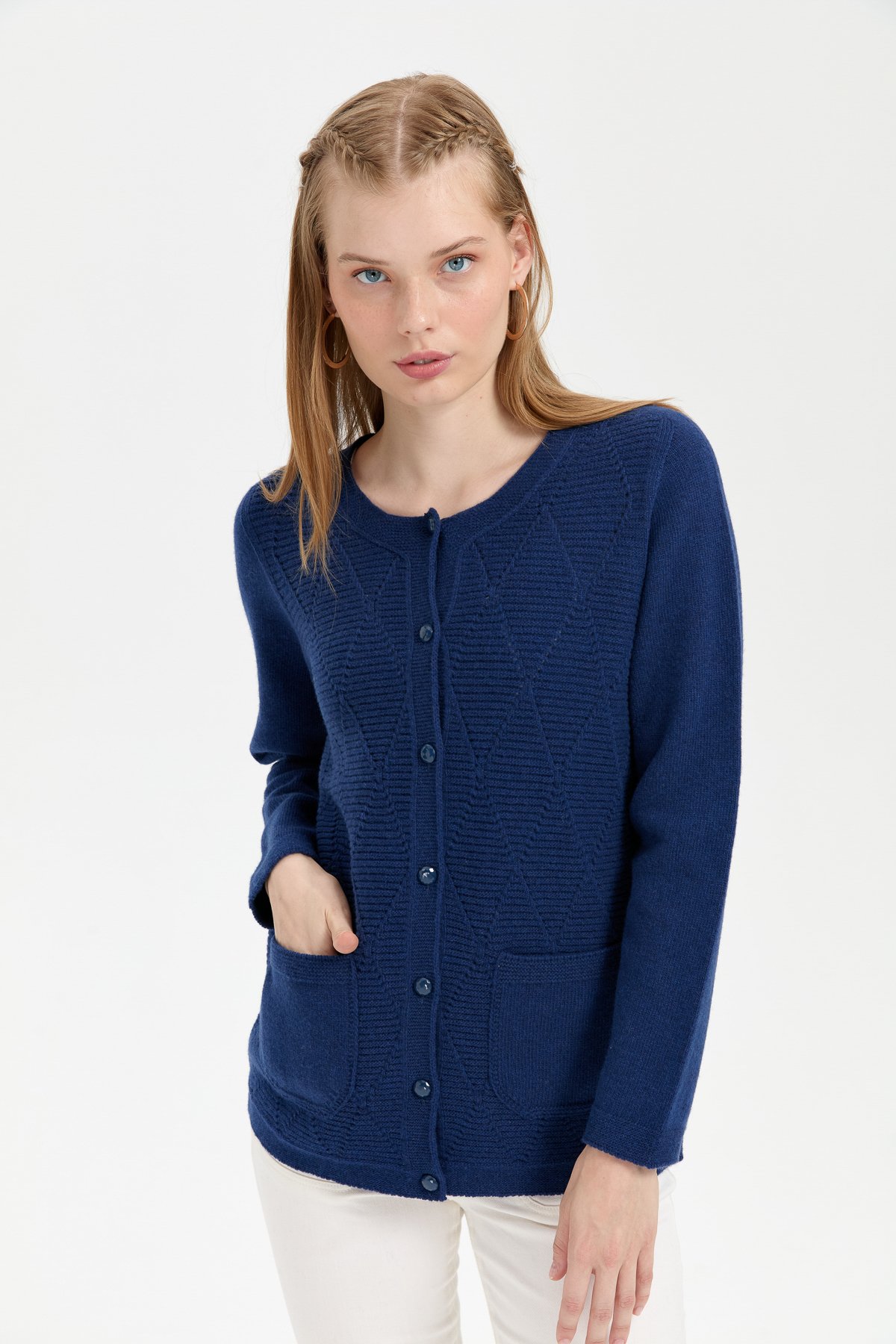 24202Kadın Sıfır Yaka Önü Baklava Örgü Dikişsiz Yün Hırka İndigo