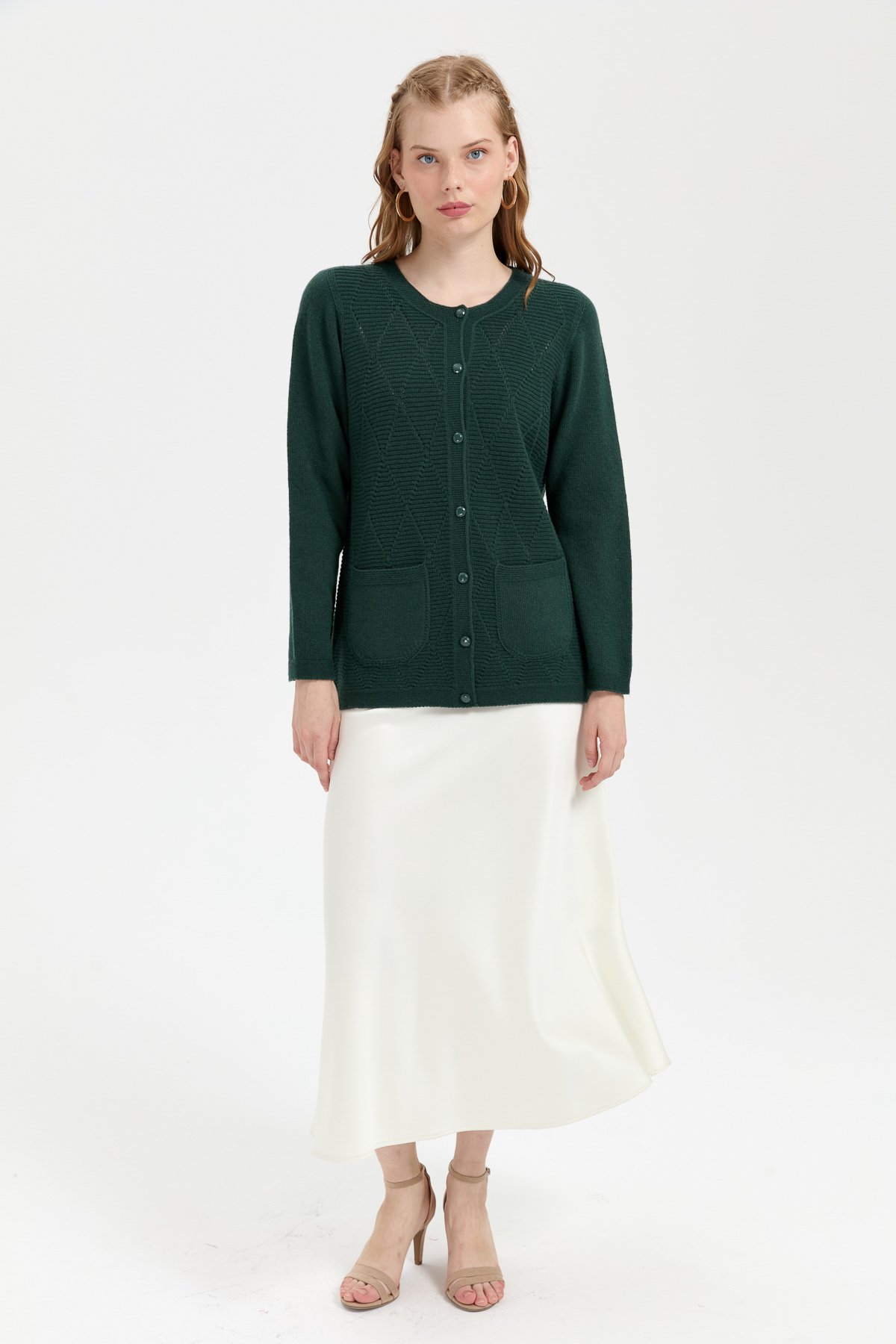 24202Kadın Sıfır Yaka Önü Baklava Örgü Dikişsiz Yün Hırka Yeşil