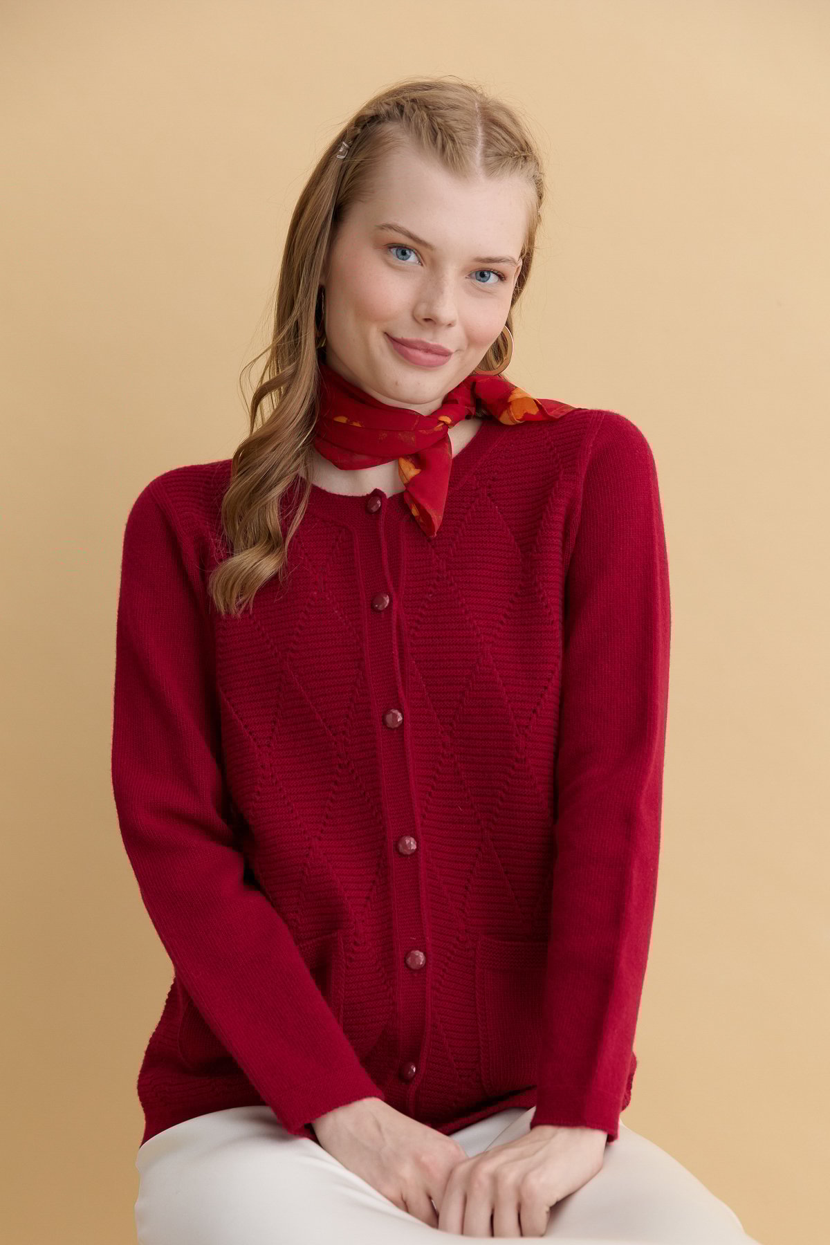 24202Kadın Sıfır Yaka Önü Baklava Örgü Dikişsiz Yün Hırka V.Çürüğü