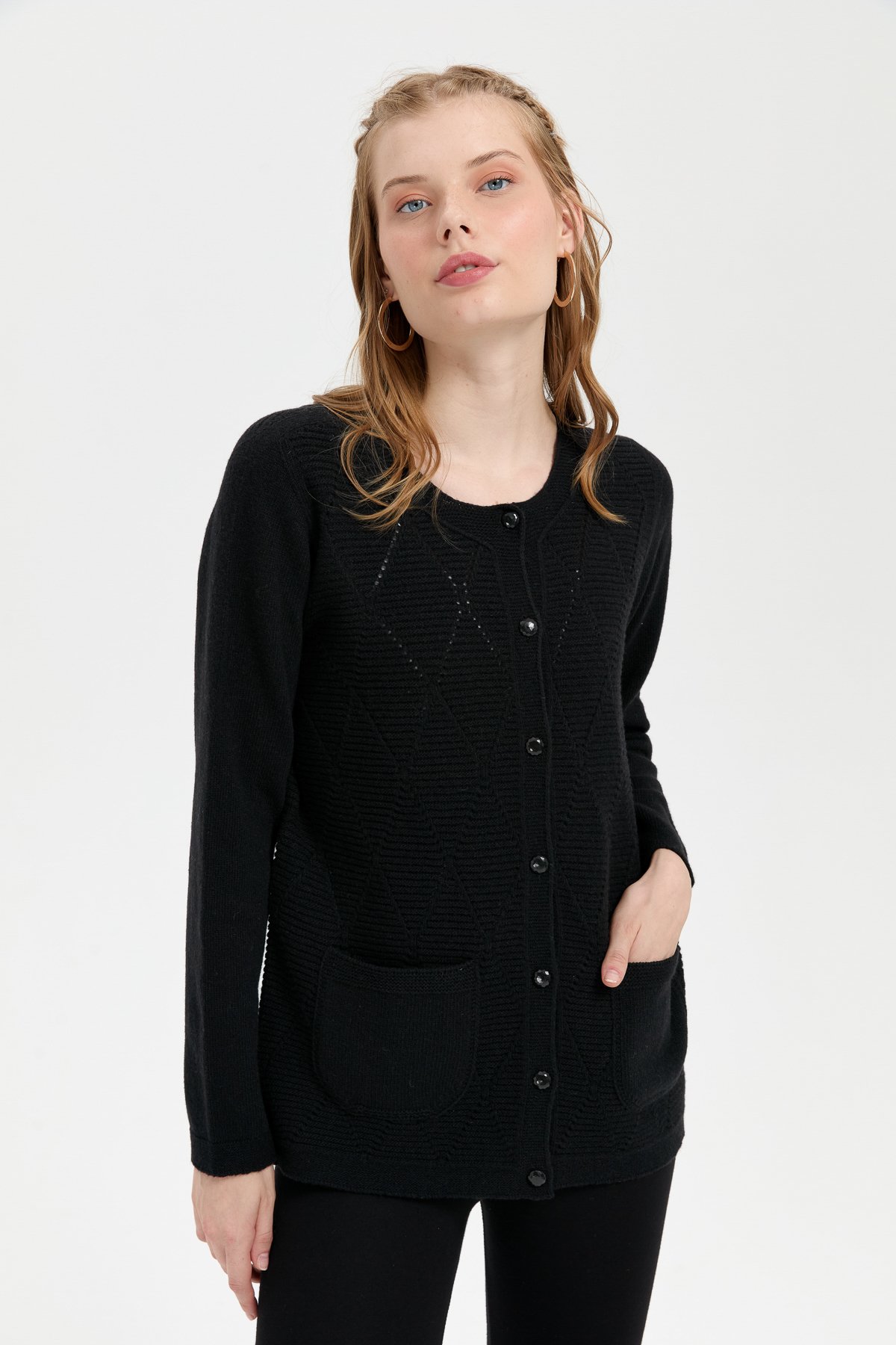 24202Kadın Sıfır Yaka Önü Baklava Örgü Dikişsiz Yün Hırka Siyah