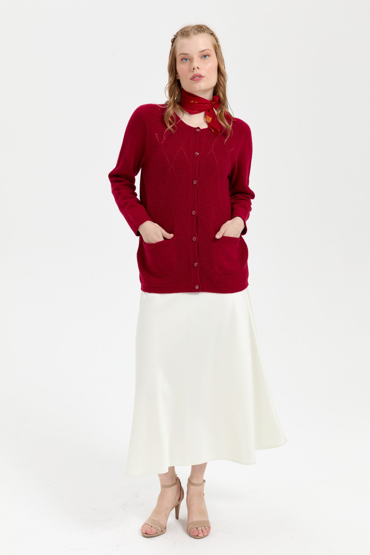 24202Kadın Sıfır Yaka Önü Baklava Örgü Dikişsiz Yün Hırka V.Çürüğü