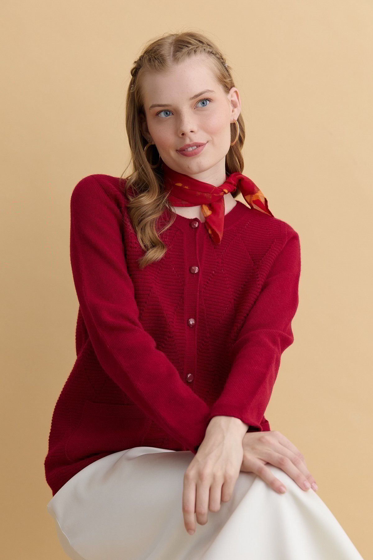 24202Kadın Sıfır Yaka Önü Baklava Örgü Dikişsiz Yün Hırka V.Çürüğü