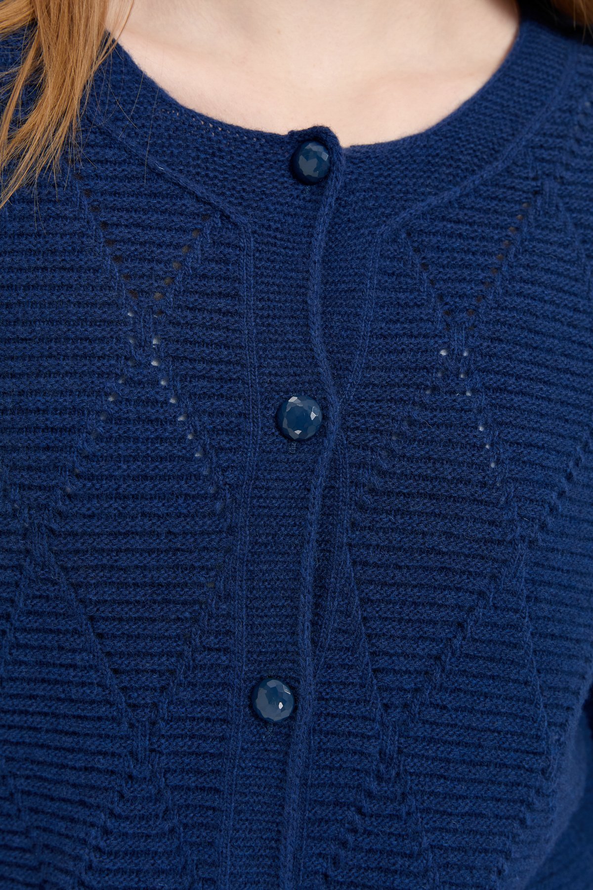 24202Kadın Sıfır Yaka Önü Baklava Örgü Dikişsiz Yün Hırka İndigo