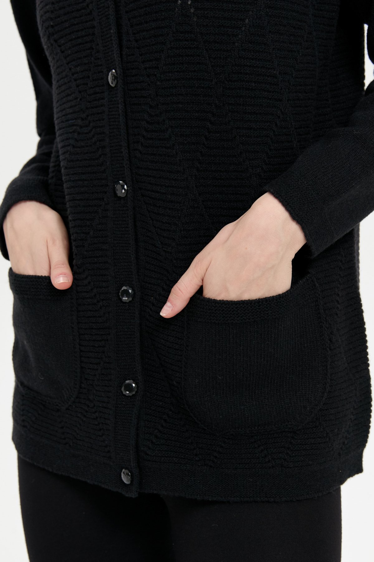 24202Kadın Sıfır Yaka Önü Baklava Örgü Dikişsiz Yün Hırka Siyah