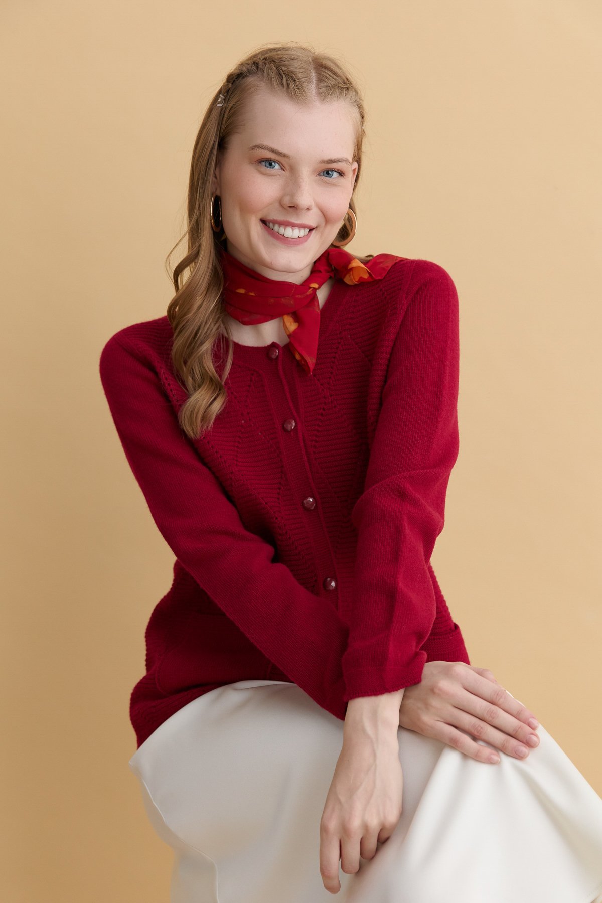 24202Kadın Sıfır Yaka Önü Baklava Örgü Dikişsiz Yün Hırka V.Çürüğü