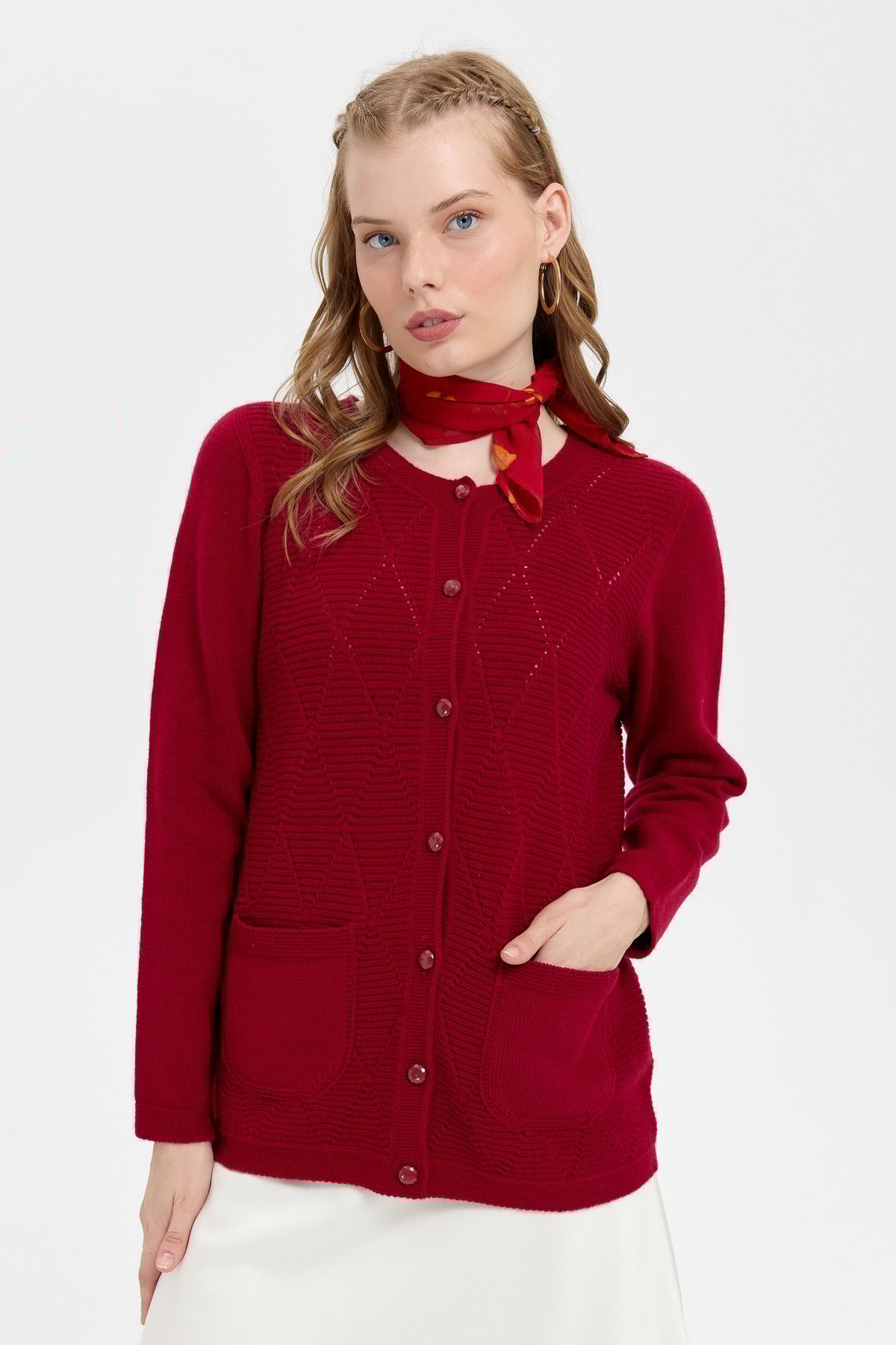 24202Kadın Sıfır Yaka Önü Baklava Örgü Dikişsiz Yün Hırka V.Çürüğü