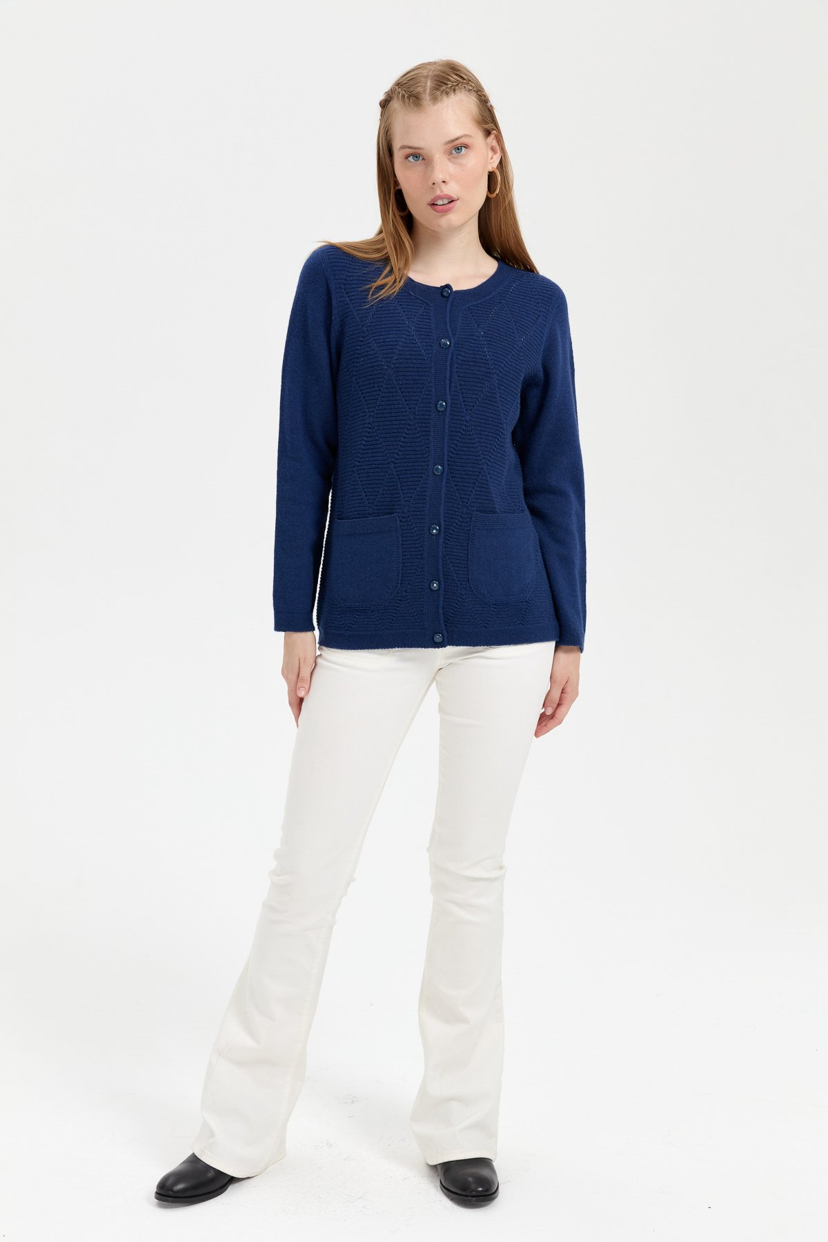 24202Kadın Sıfır Yaka Önü Baklava Örgü Dikişsiz Yün Hırka İndigo