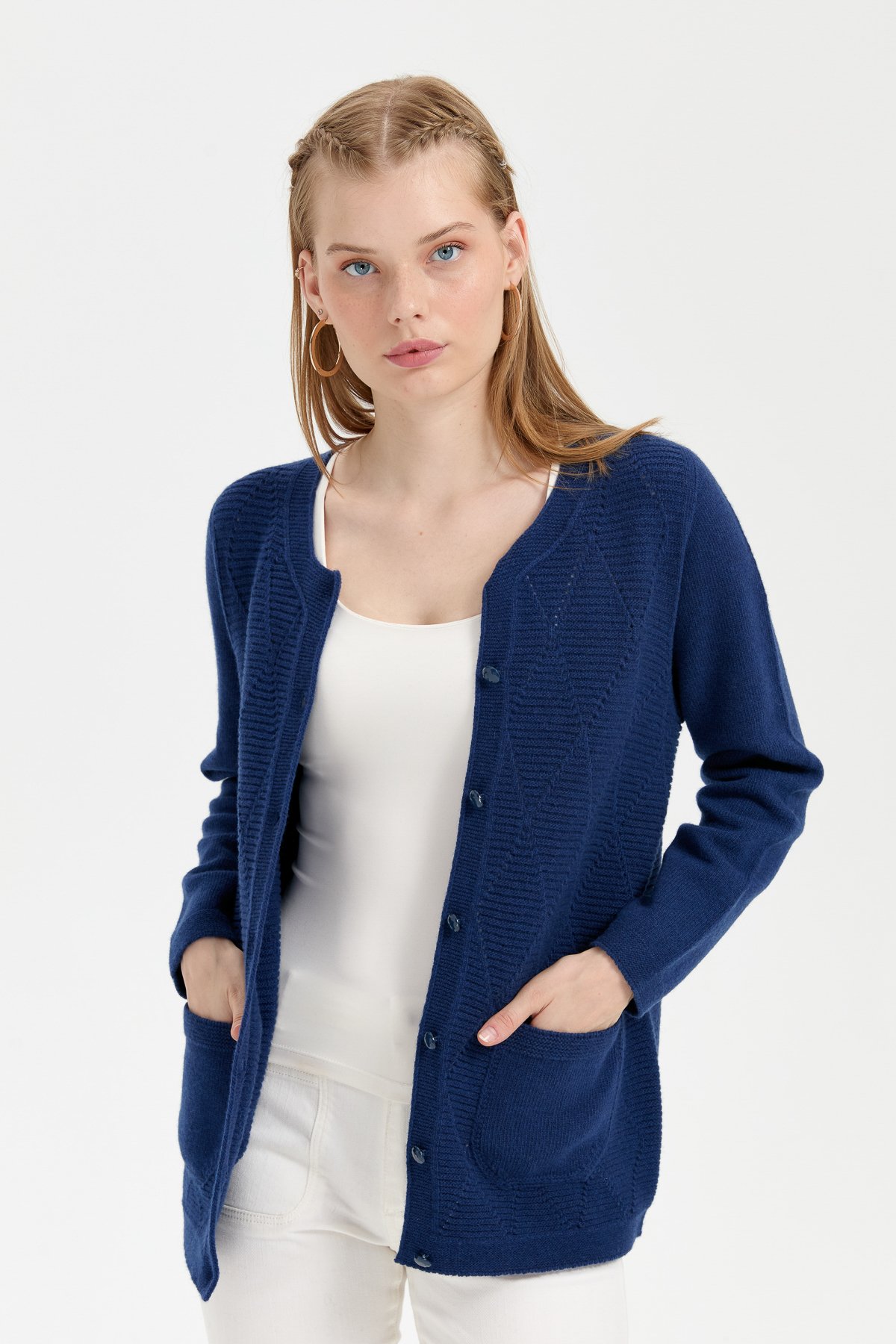 24202Kadın Sıfır Yaka Önü Baklava Örgü Dikişsiz Yün Hırka İndigo