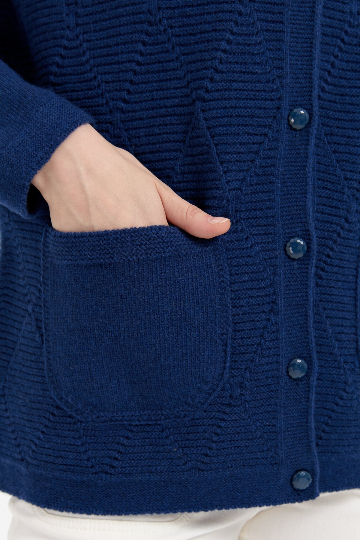 24202Kadın Sıfır Yaka Önü Baklava Örgü Dikişsiz Yün Hırka İndigo