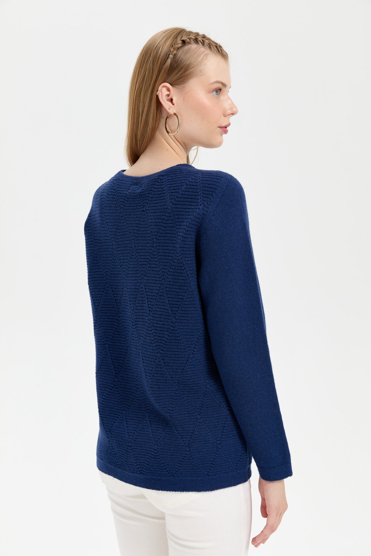 24202Kadın Sıfır Yaka Önü Baklava Örgü Dikişsiz Yün Hırka İndigo