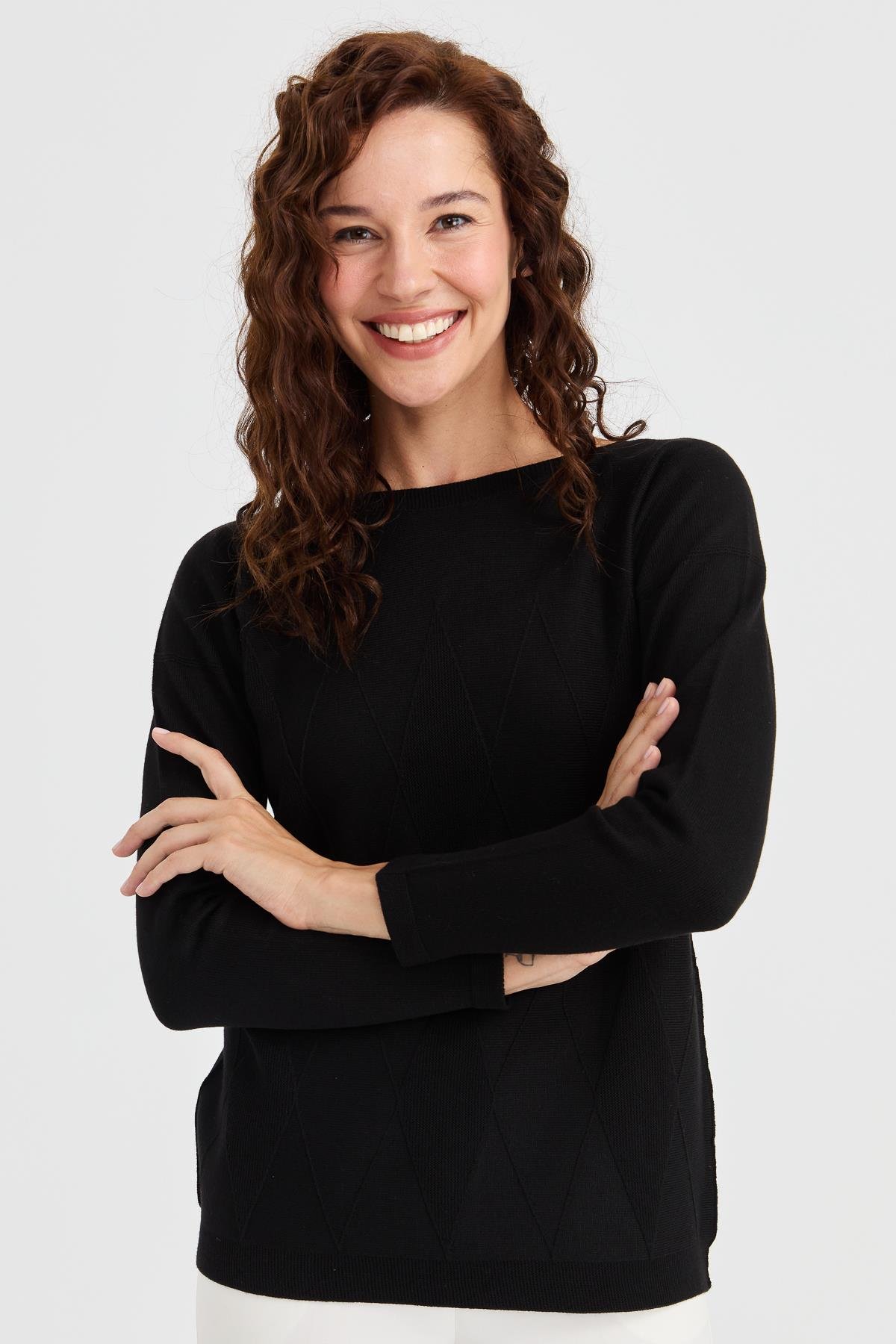 23155Kadın Sıfır Yaka Önü Baklava Örgü Kazak Siyah