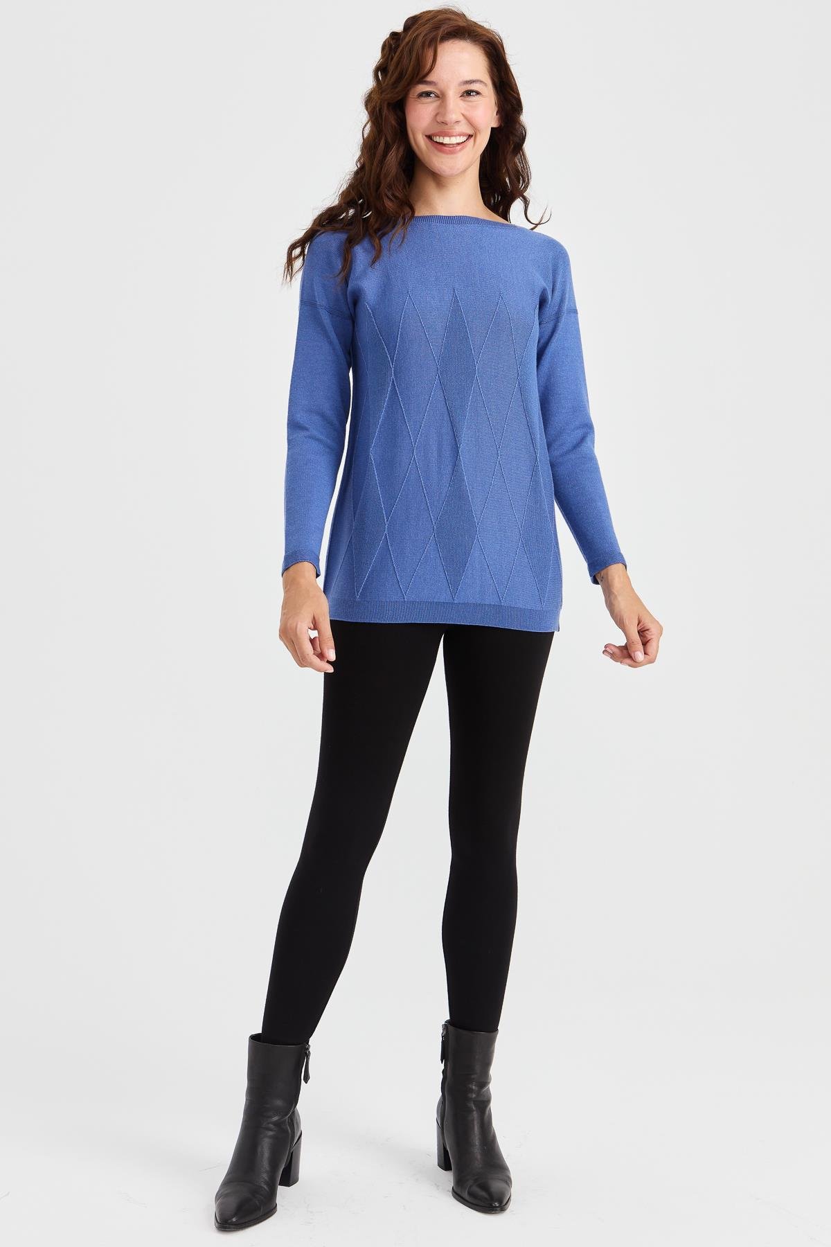 23155Kadın Sıfır Yaka Önü Baklava Örgü Kazak İndigo