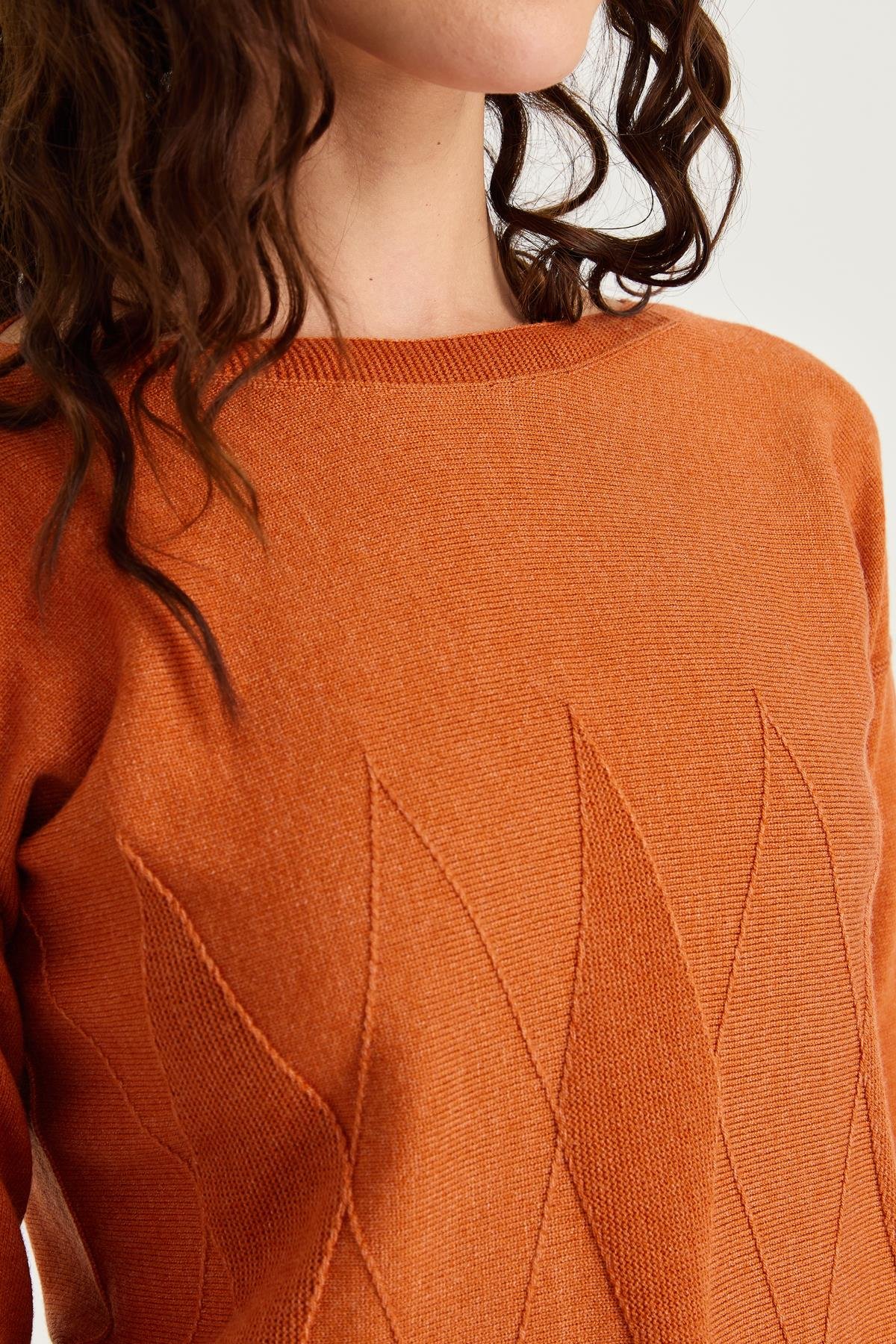 23155Kadın Sıfır Yaka Önü Baklava Örgü Kazak Turuncu