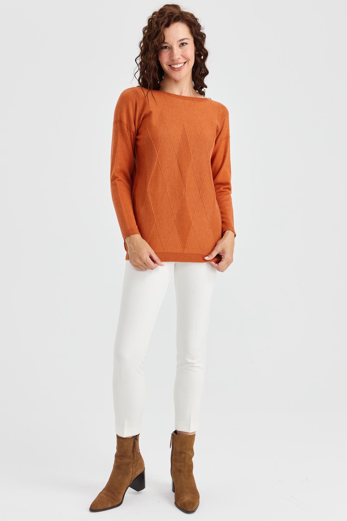 23155Kadın Sıfır Yaka Önü Baklava Örgü Kazak Turuncu