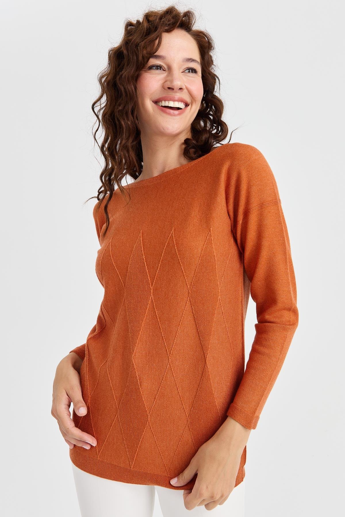 23155Kadın Sıfır Yaka Önü Baklava Örgü Kazak Turuncu