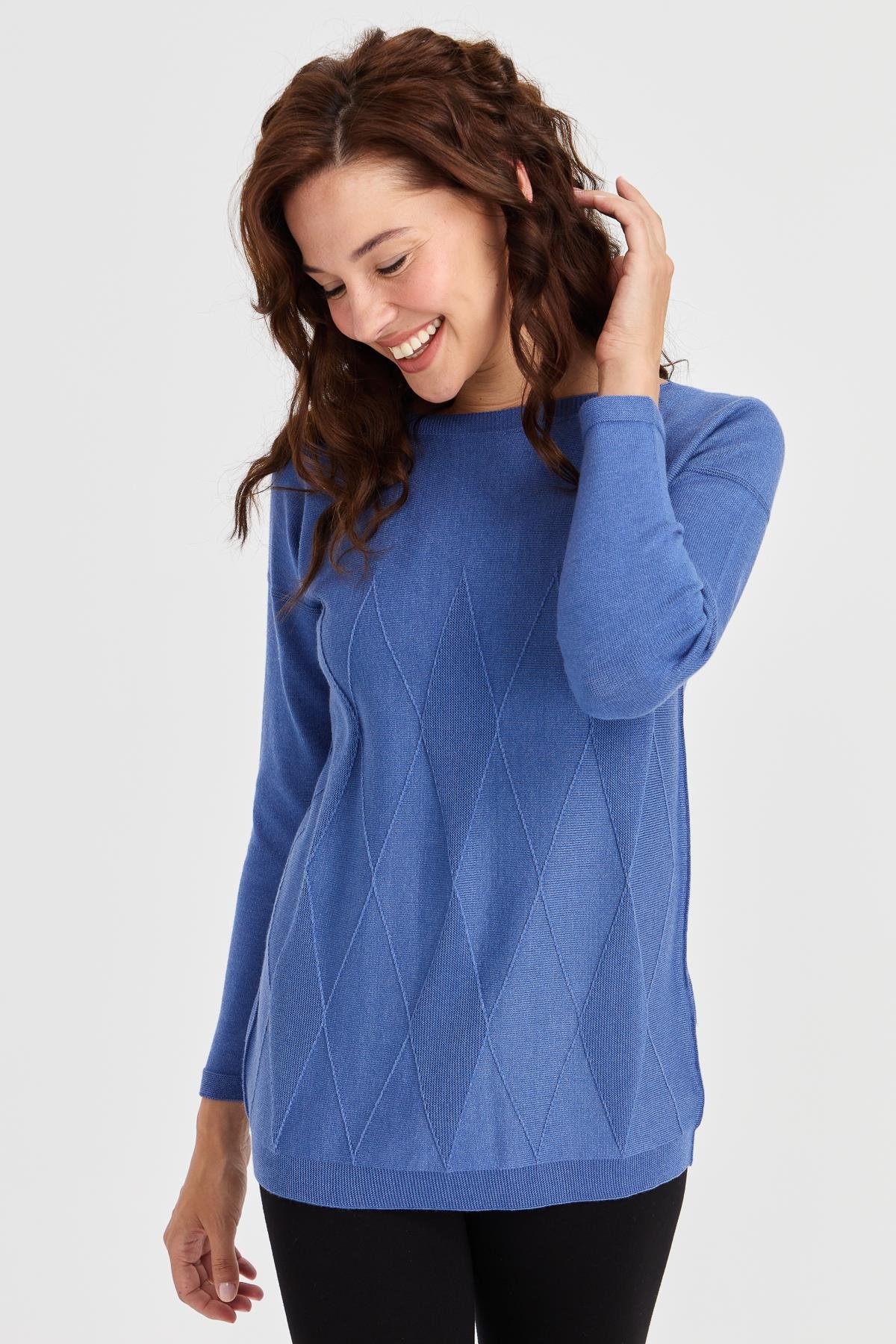 23155Kadın Sıfır Yaka Önü Baklava Örgü Kazak İndigo