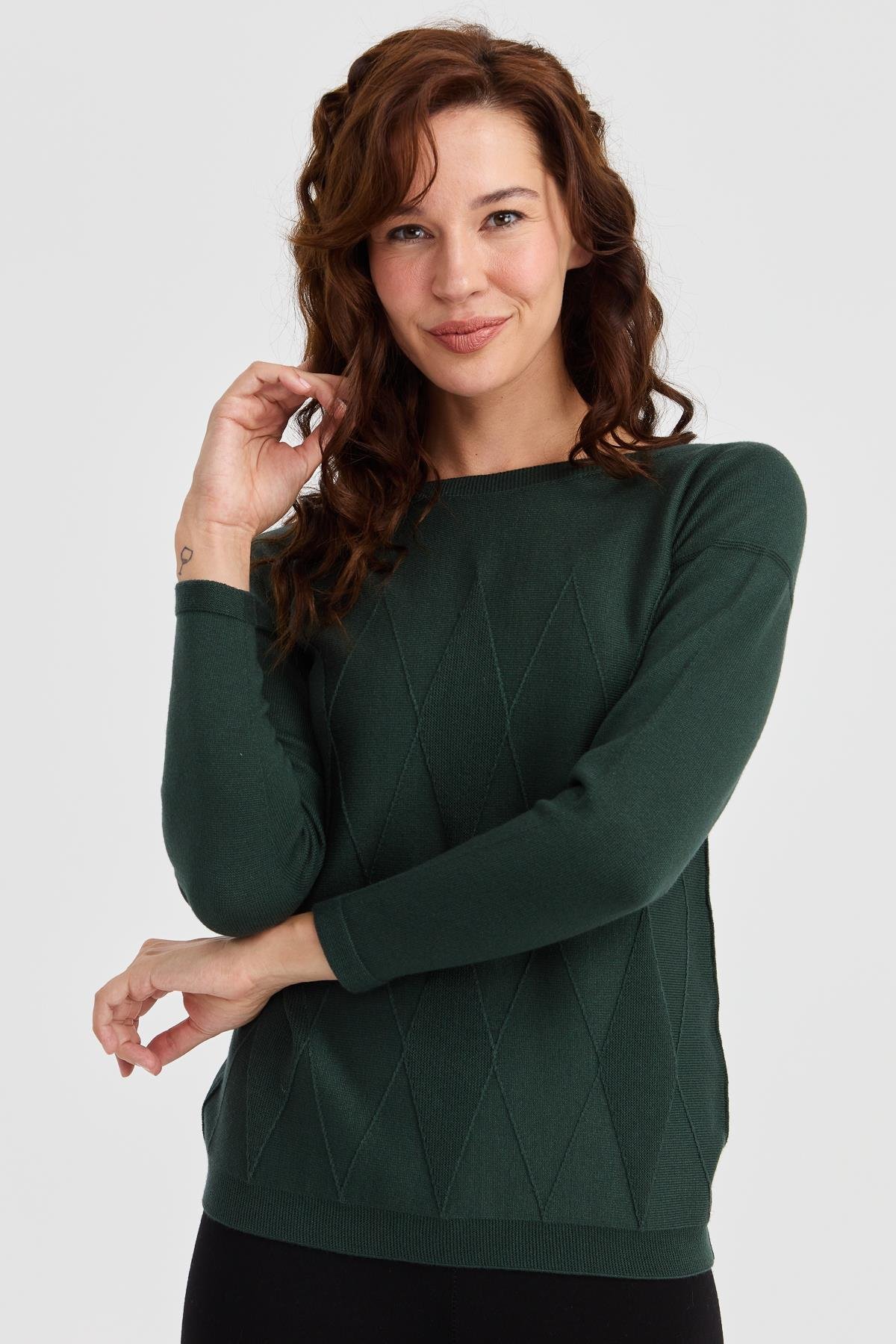 23155Kadın Sıfır Yaka Önü Baklava Örgü Kazak Yeşil