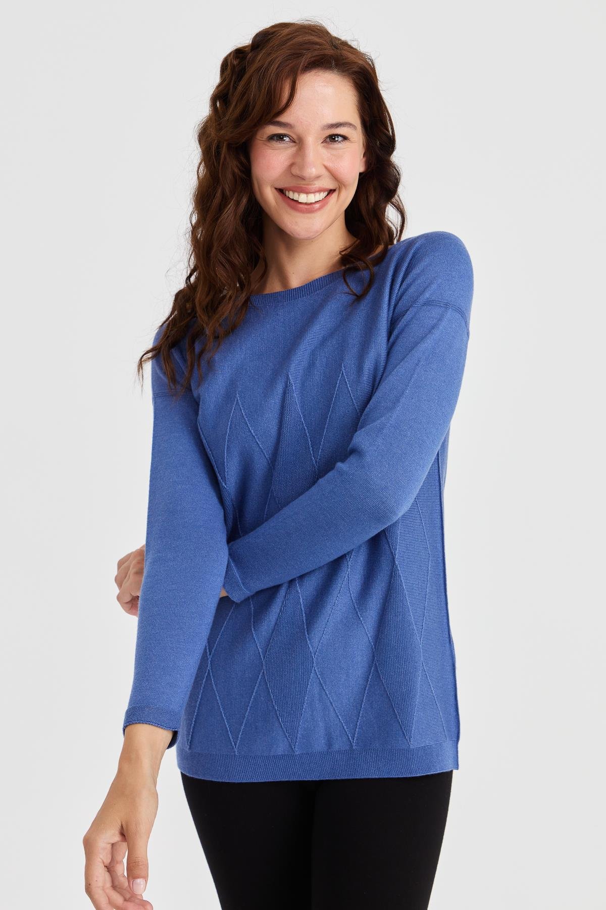 23155Kadın Sıfır Yaka Önü Baklava Örgü Kazak İndigo