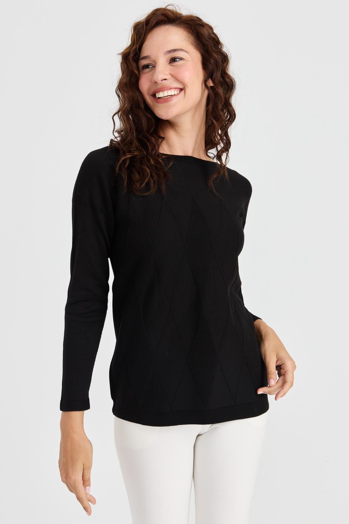 23155Kadın Sıfır Yaka Önü Baklava Örgü Kazak Siyah