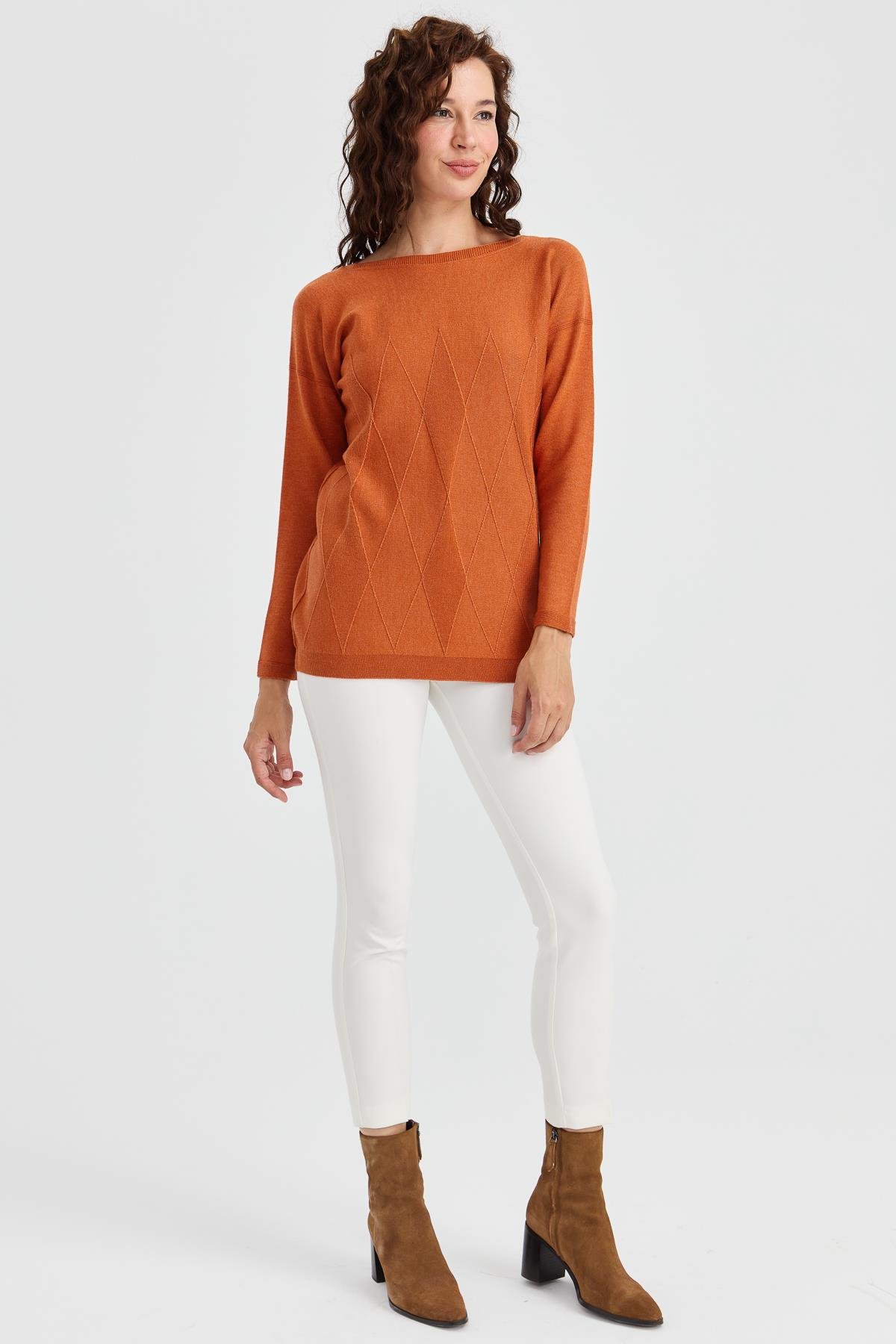 23155Kadın Sıfır Yaka Önü Baklava Örgü Kazak Turuncu