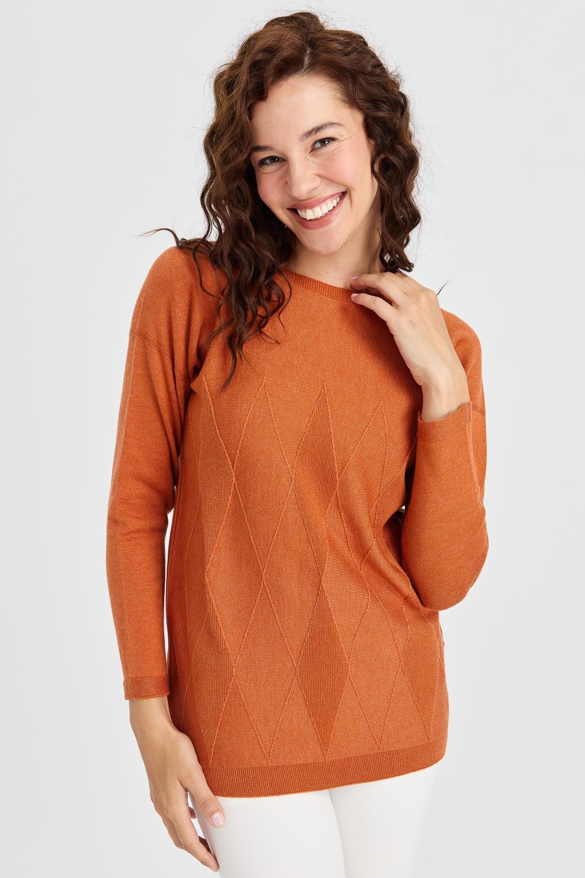 23155Kadın Sıfır Yaka Önü Baklava Örgü Kazak Turuncu