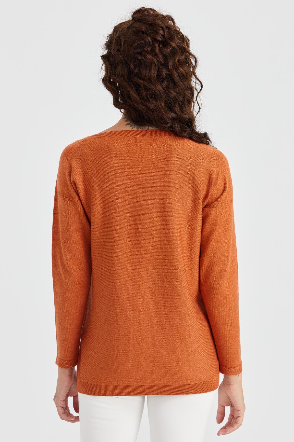 23155Kadın Sıfır Yaka Önü Baklava Örgü Kazak Turuncu