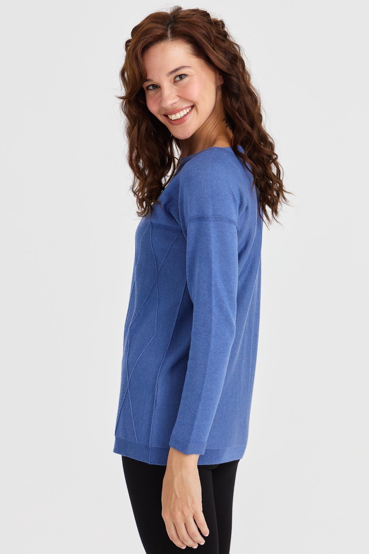 23155Kadın Sıfır Yaka Önü Baklava Örgü Kazak İndigo