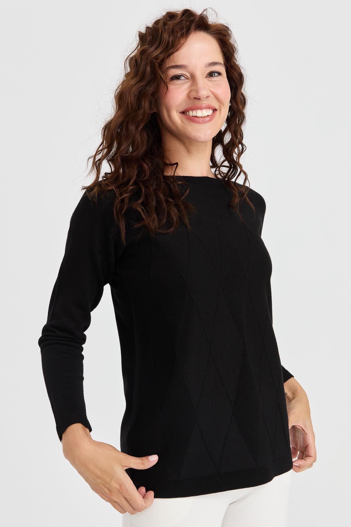 23155Kadın Sıfır Yaka Önü Baklava Örgü Kazak Siyah