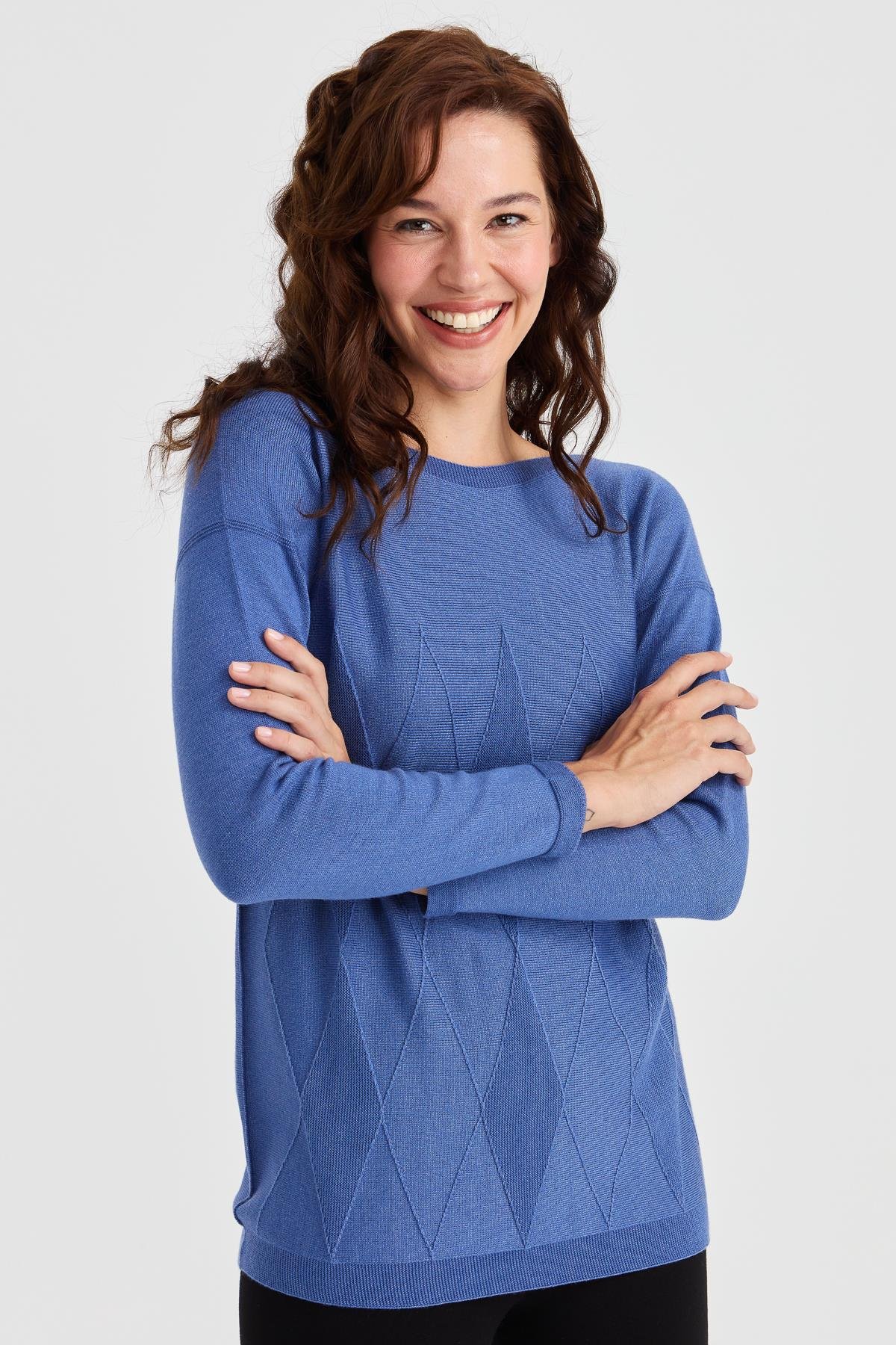 23155Kadın Sıfır Yaka Önü Baklava Örgü Kazak İndigo