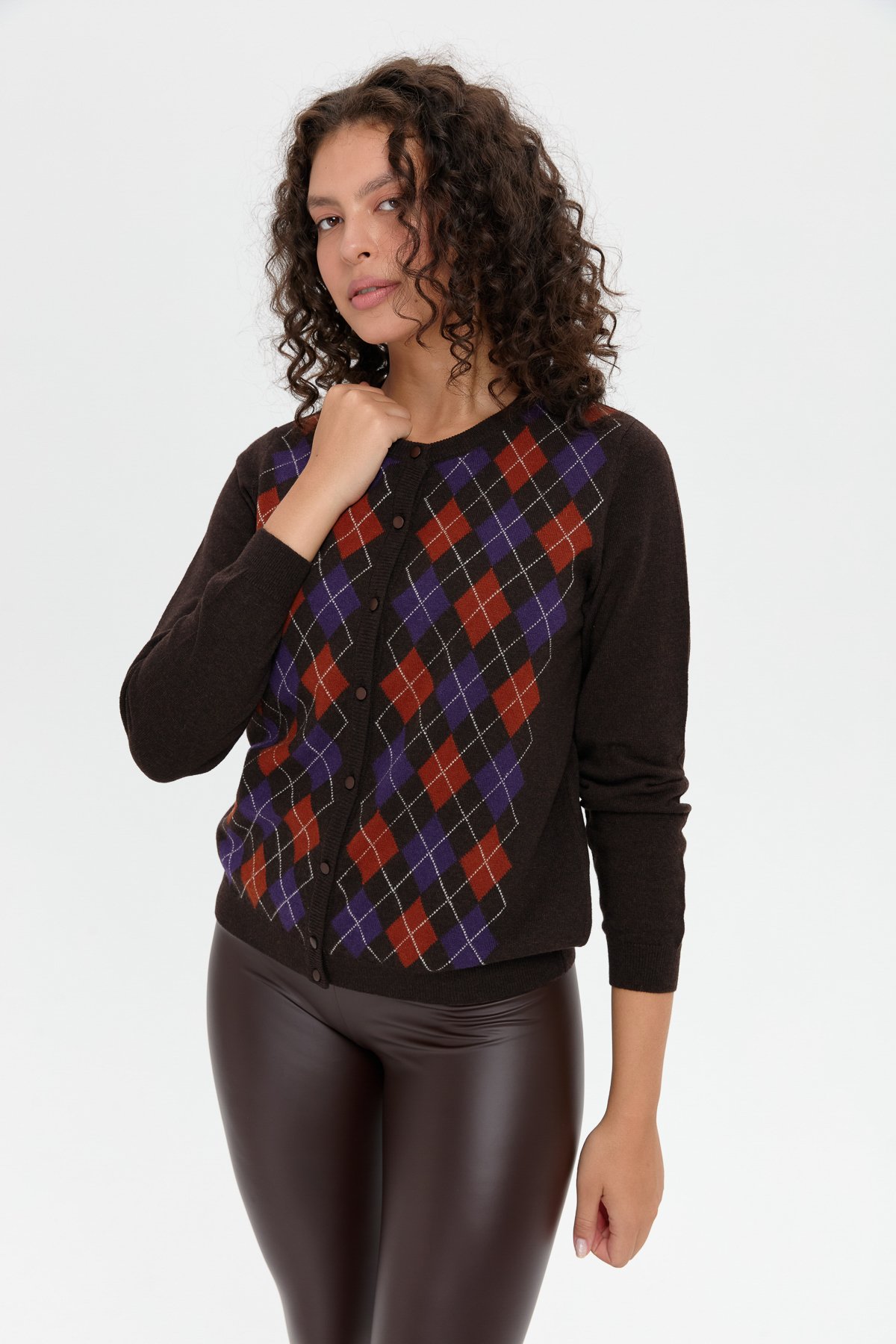 24039Kadın Sıfır Yaka Önü Baklavalı Yün Hırka K.Kahve