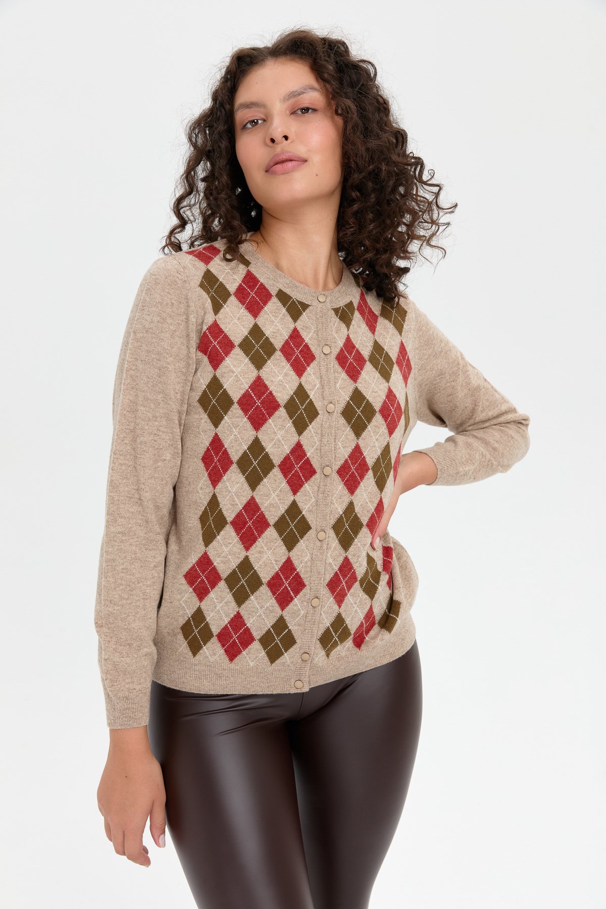 24039Kadın Sıfır Yaka Önü Baklavalı Yün Hırka K.Bej