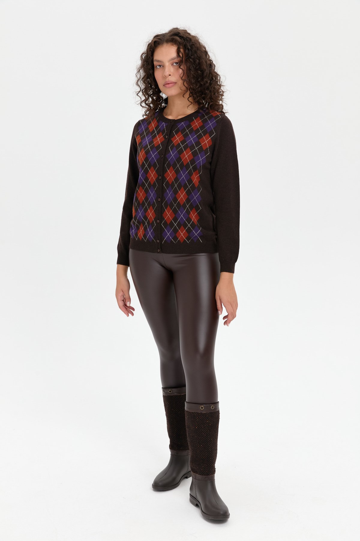 24039Kadın Sıfır Yaka Önü Baklavalı Yün Hırka K.Kahve