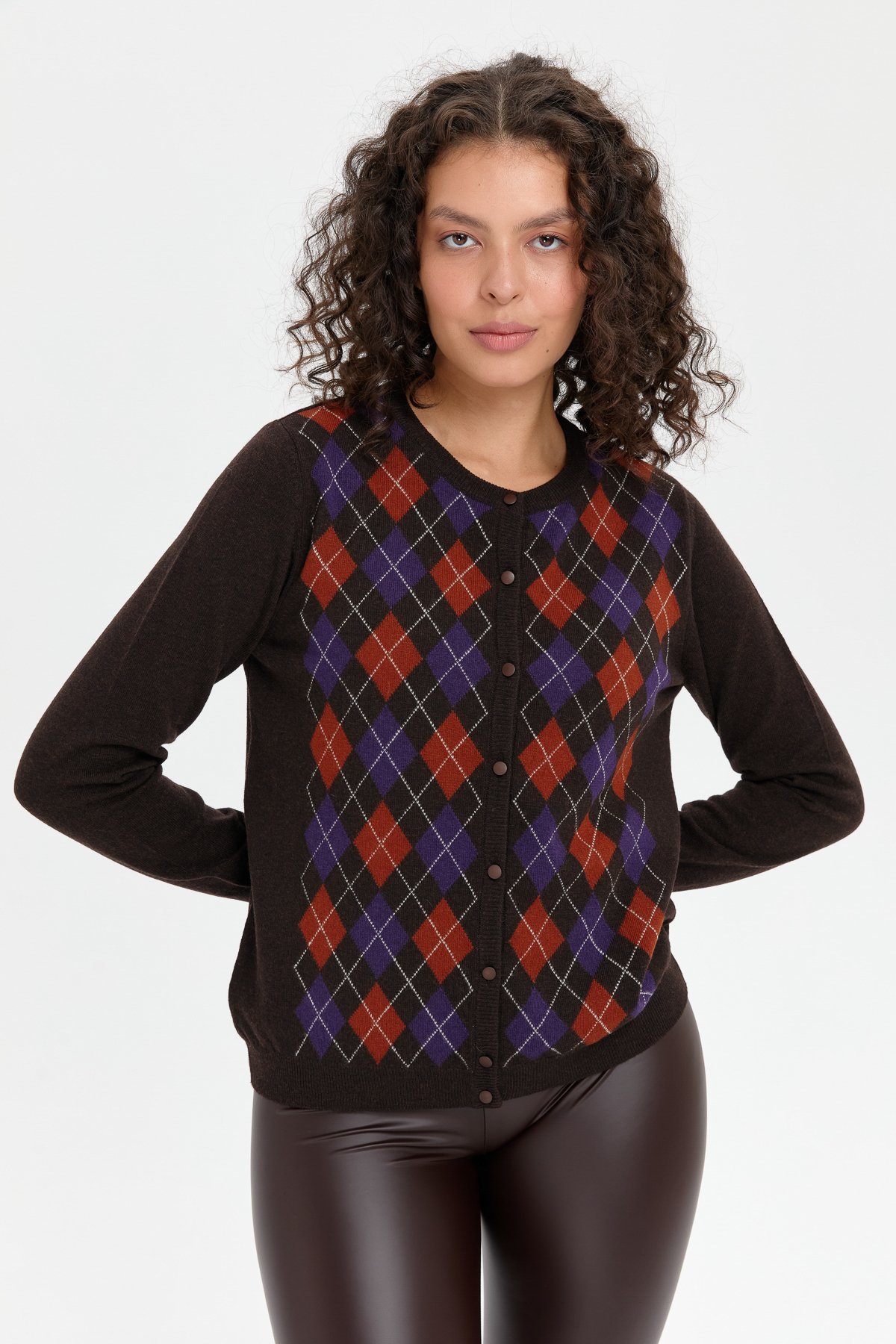 24039Kadın Sıfır Yaka Önü Baklavalı Yün Hırka K.Kahve