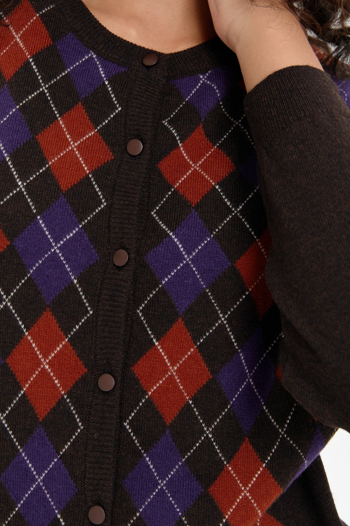 24039Kadın Sıfır Yaka Önü Baklavalı Yün Hırka K.Kahve