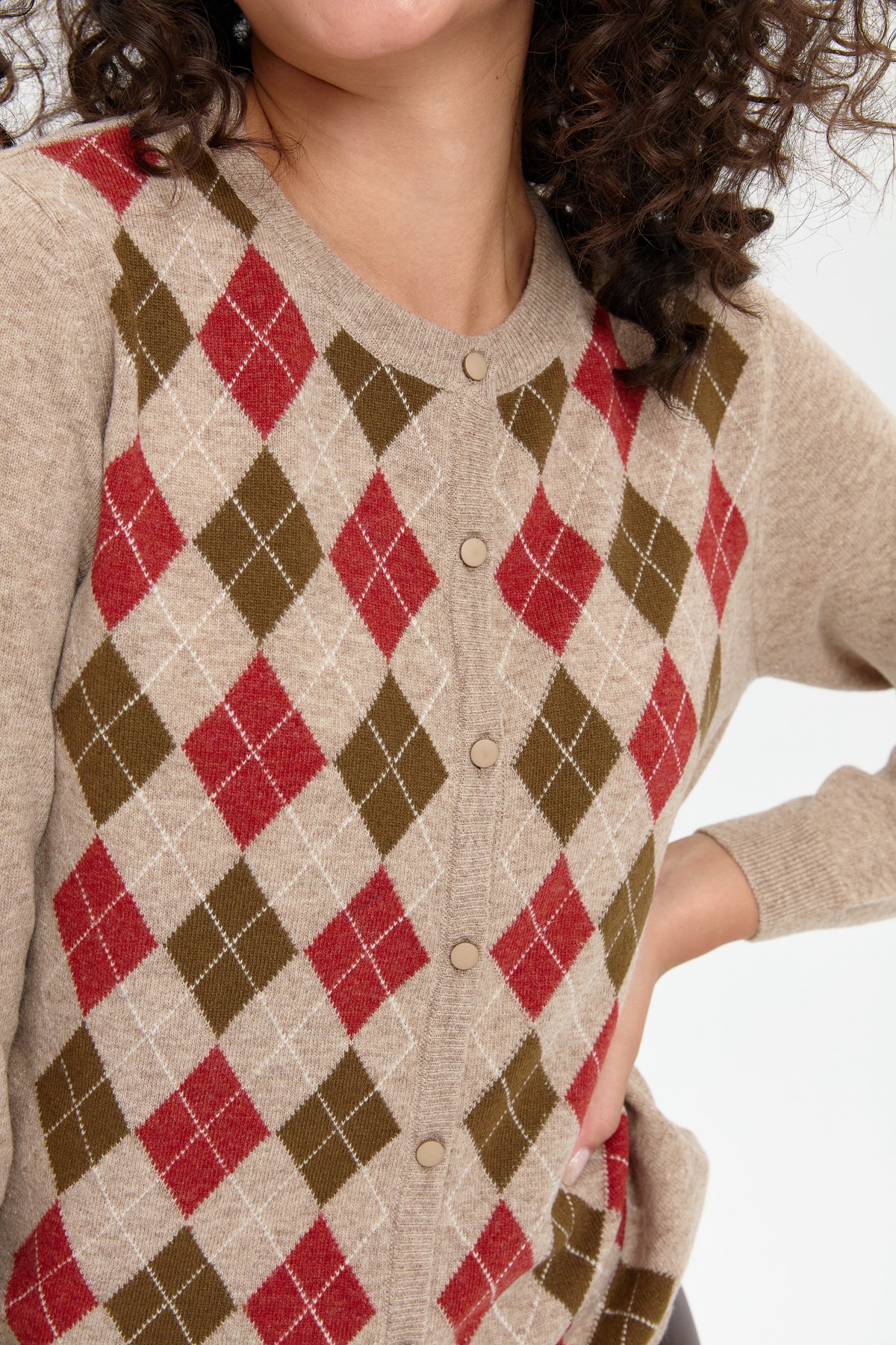 24039Kadın Sıfır Yaka Önü Baklavalı Yün Hırka K.Bej