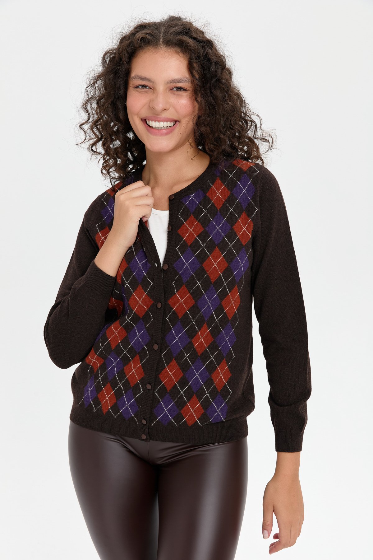 24039Kadın Sıfır Yaka Önü Baklavalı Yün Hırka K.Kahve