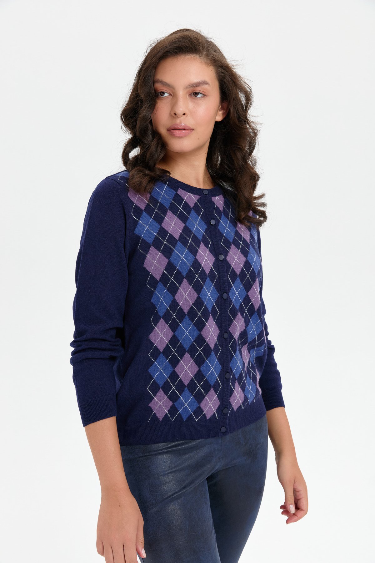 24039Kadın Sıfır Yaka Önü Baklavalı Yün Hırka Y.A Lacivert