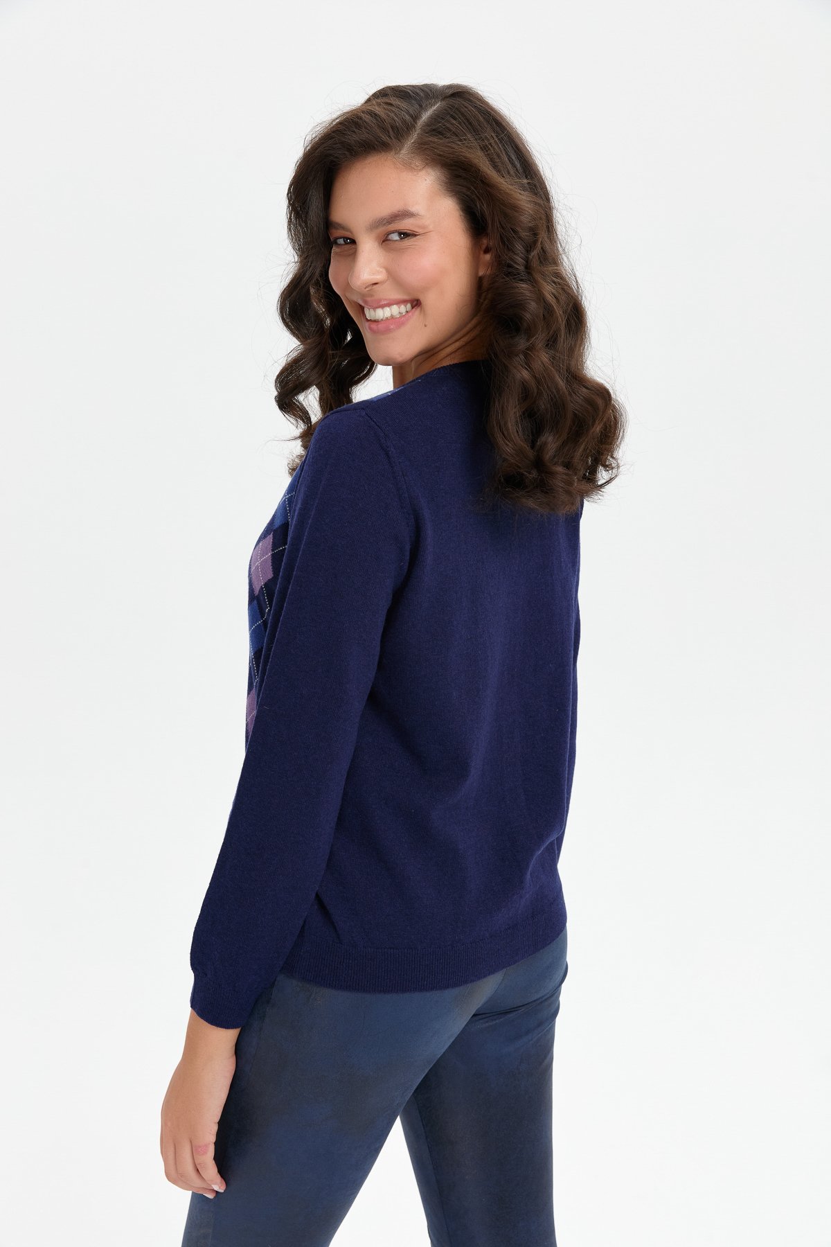 24039Kadın Sıfır Yaka Önü Baklavalı Yün Hırka Y.A Lacivert