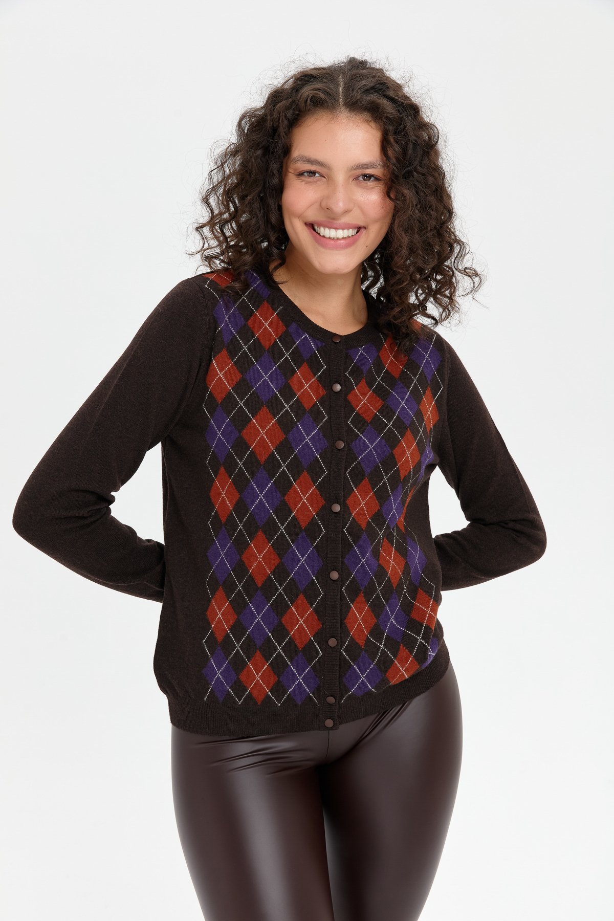 24039Kadın Sıfır Yaka Önü Baklavalı Yün Hırka K.Kahve