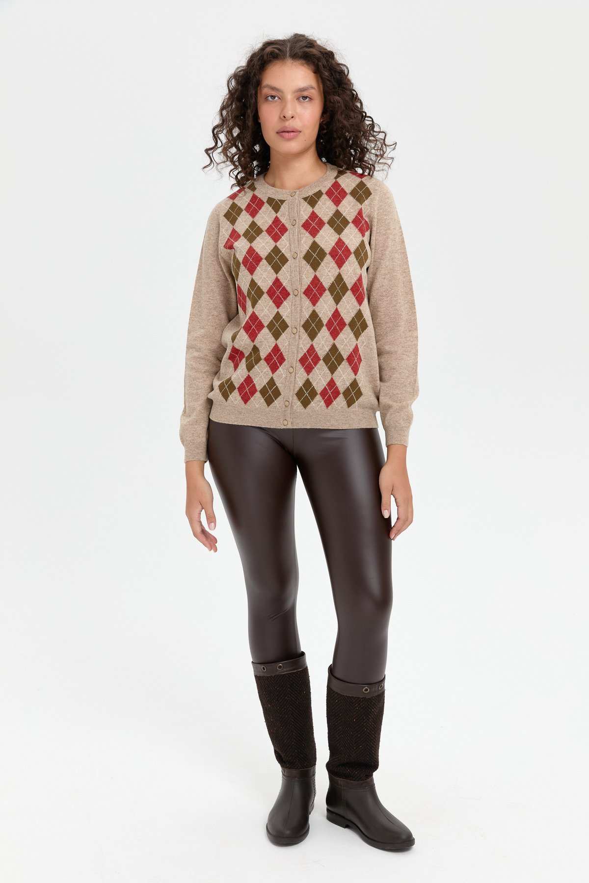 24039Kadın Sıfır Yaka Önü Baklavalı Yün Hırka K.Bej