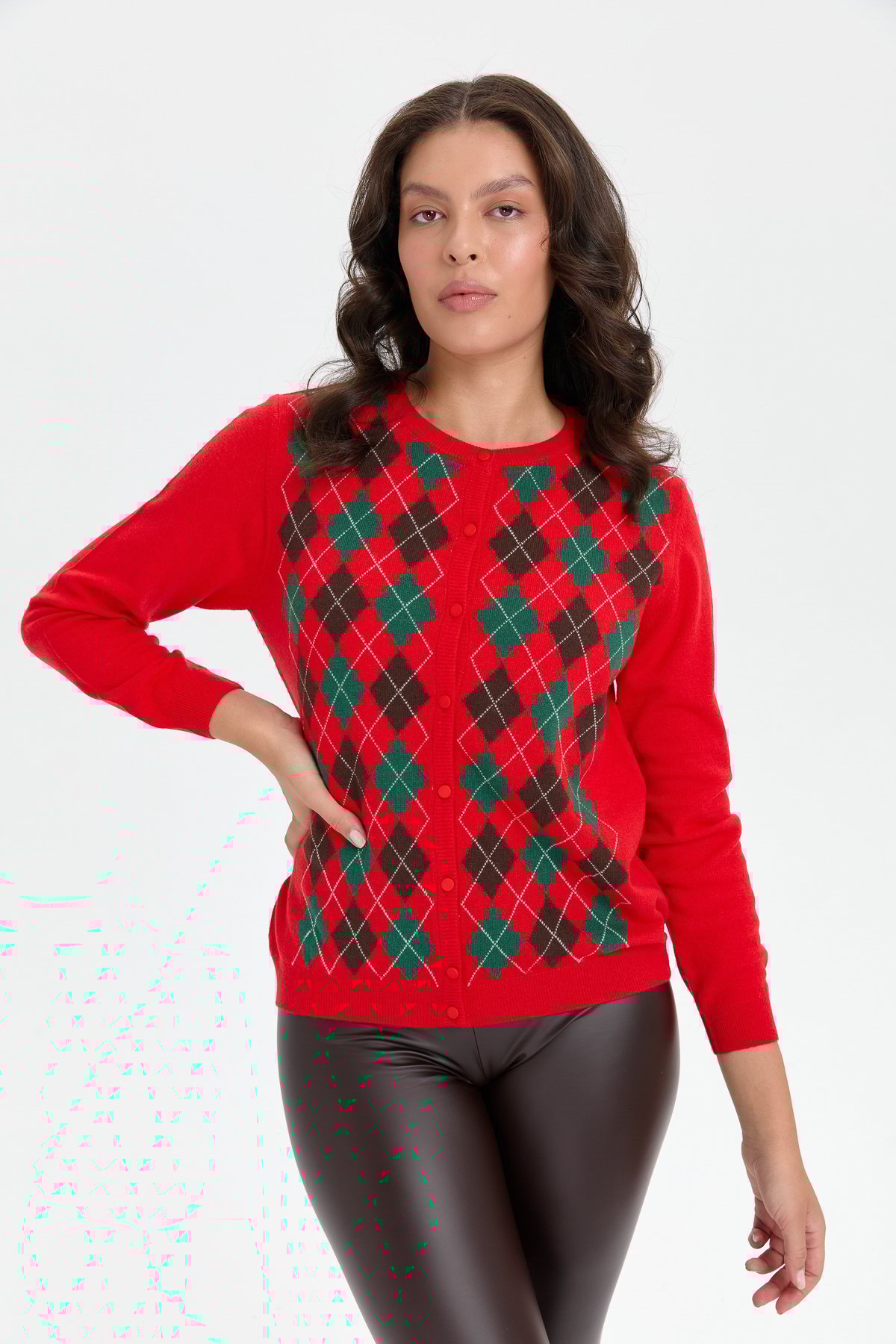 24039Kadın Sıfır Yaka Önü Baklavalı Yün Hırka Mercan