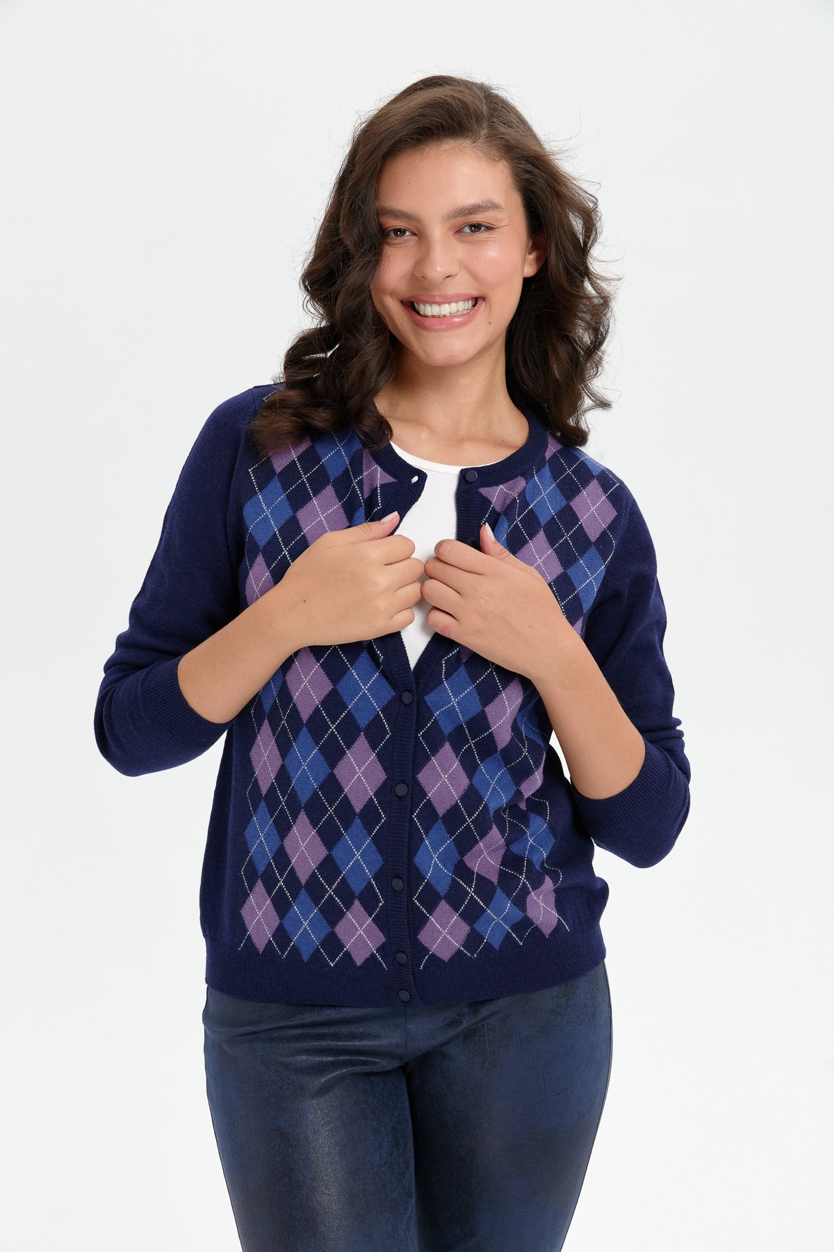 24039Kadın Sıfır Yaka Önü Baklavalı Yün Hırka Y.A Lacivert