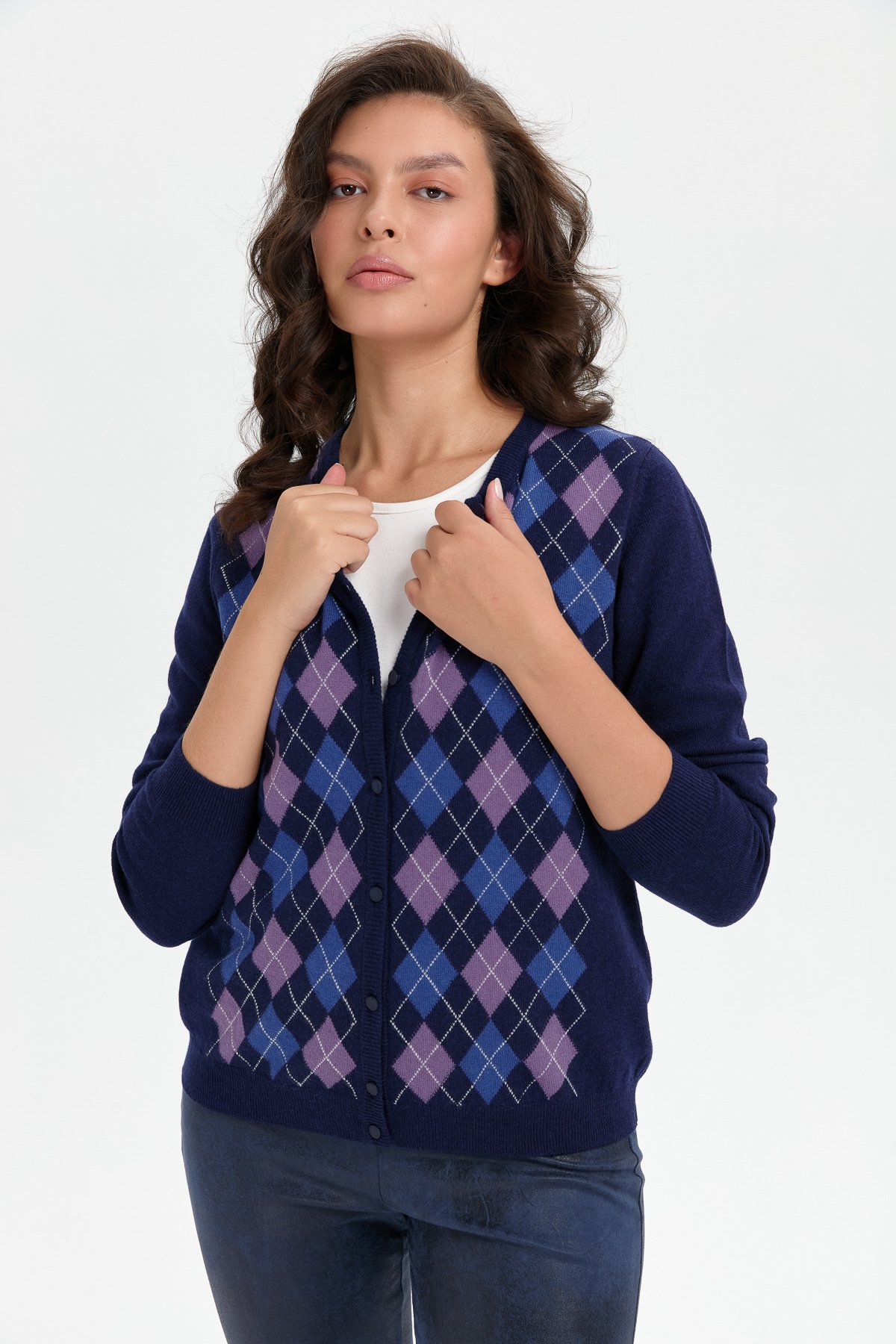 24039Kadın Sıfır Yaka Önü Baklavalı Yün Hırka Y.A Lacivert