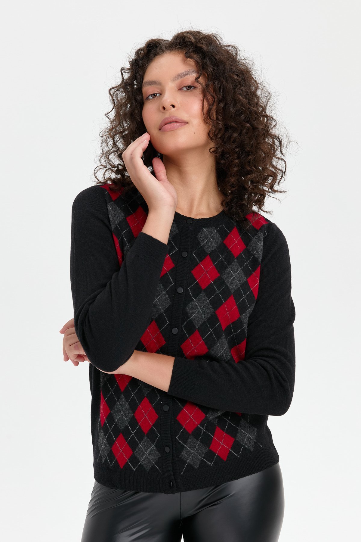 24039Kadın Sıfır Yaka Önü Baklavalı Yün Hırka Siyah