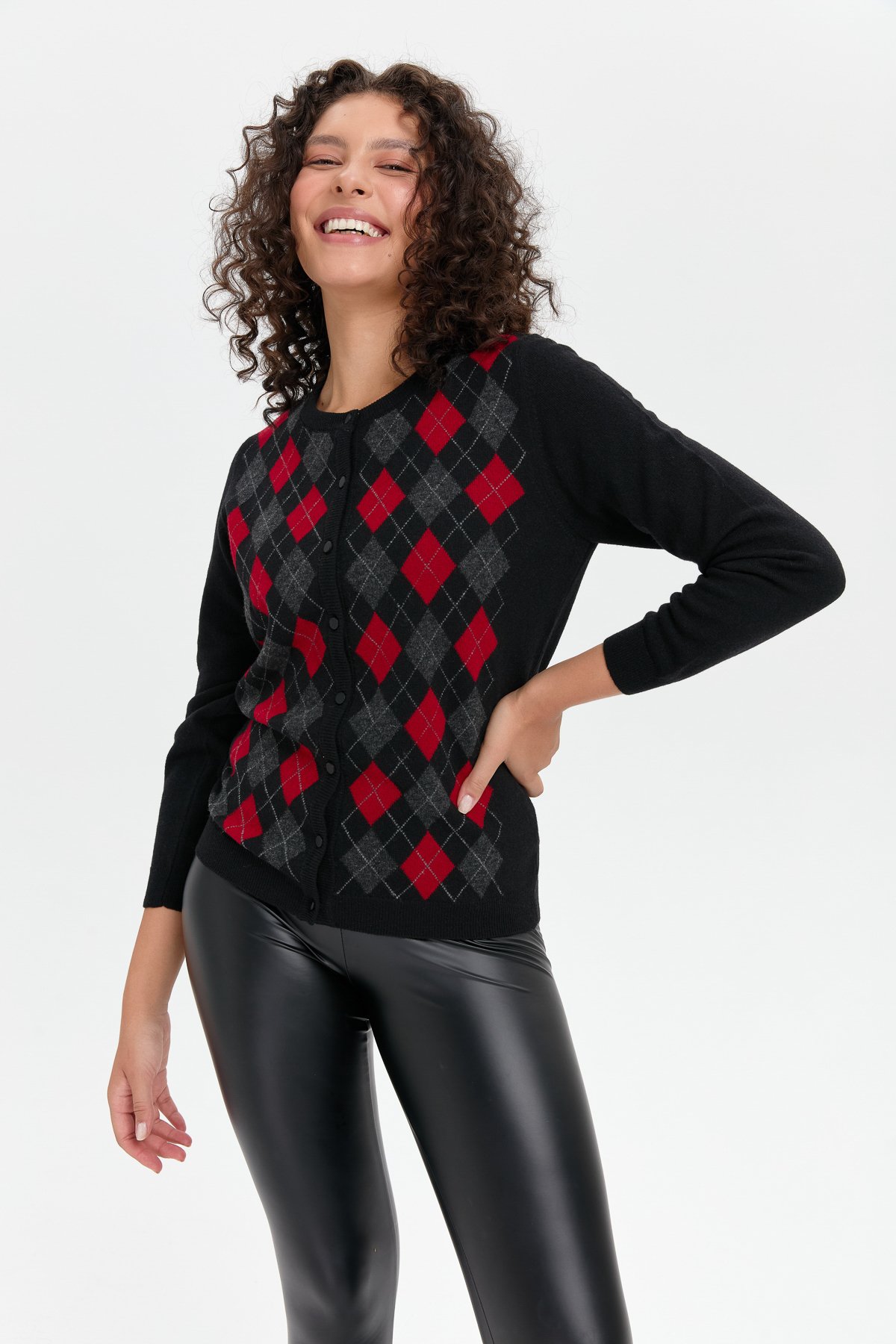 24039Kadın Sıfır Yaka Önü Baklavalı Yün Hırka Siyah