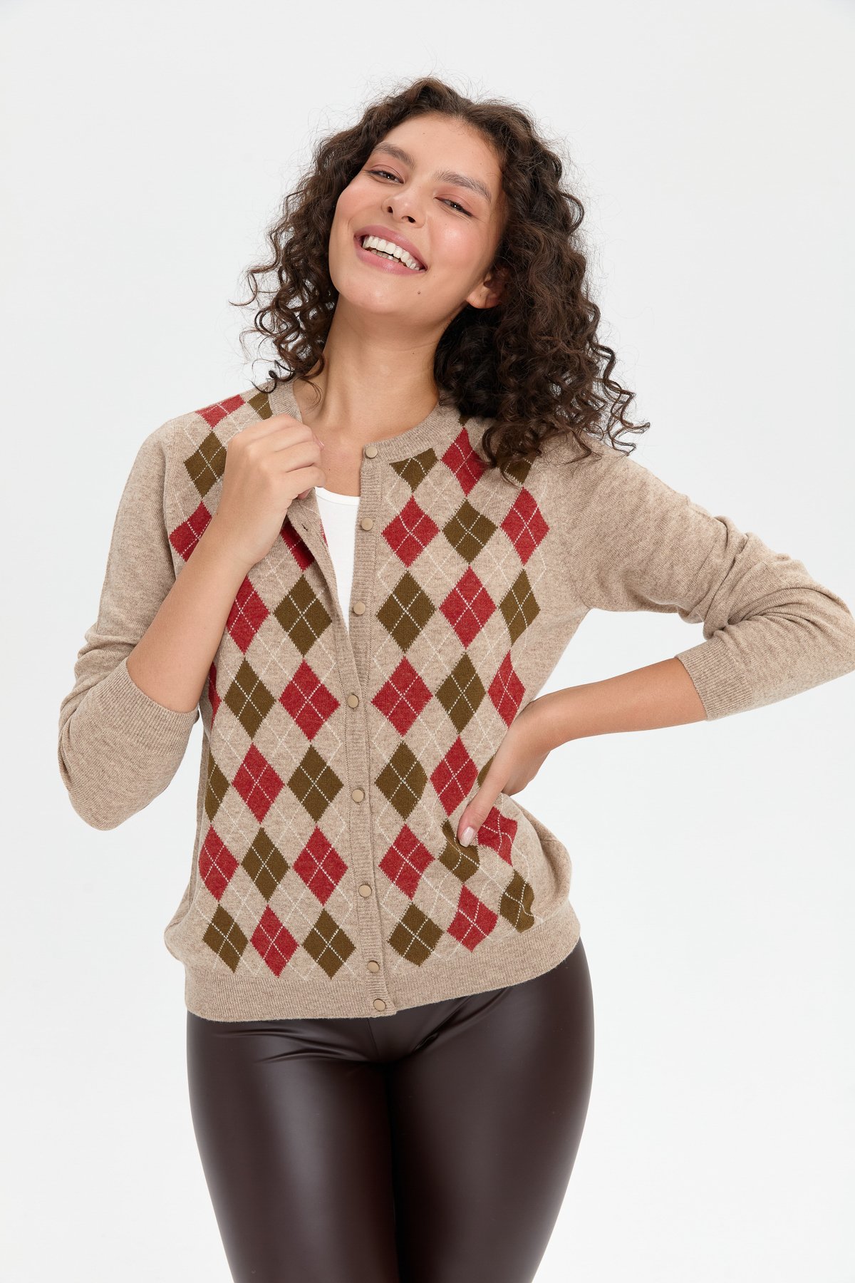 24039Kadın Sıfır Yaka Önü Baklavalı Yün Hırka K.Bej