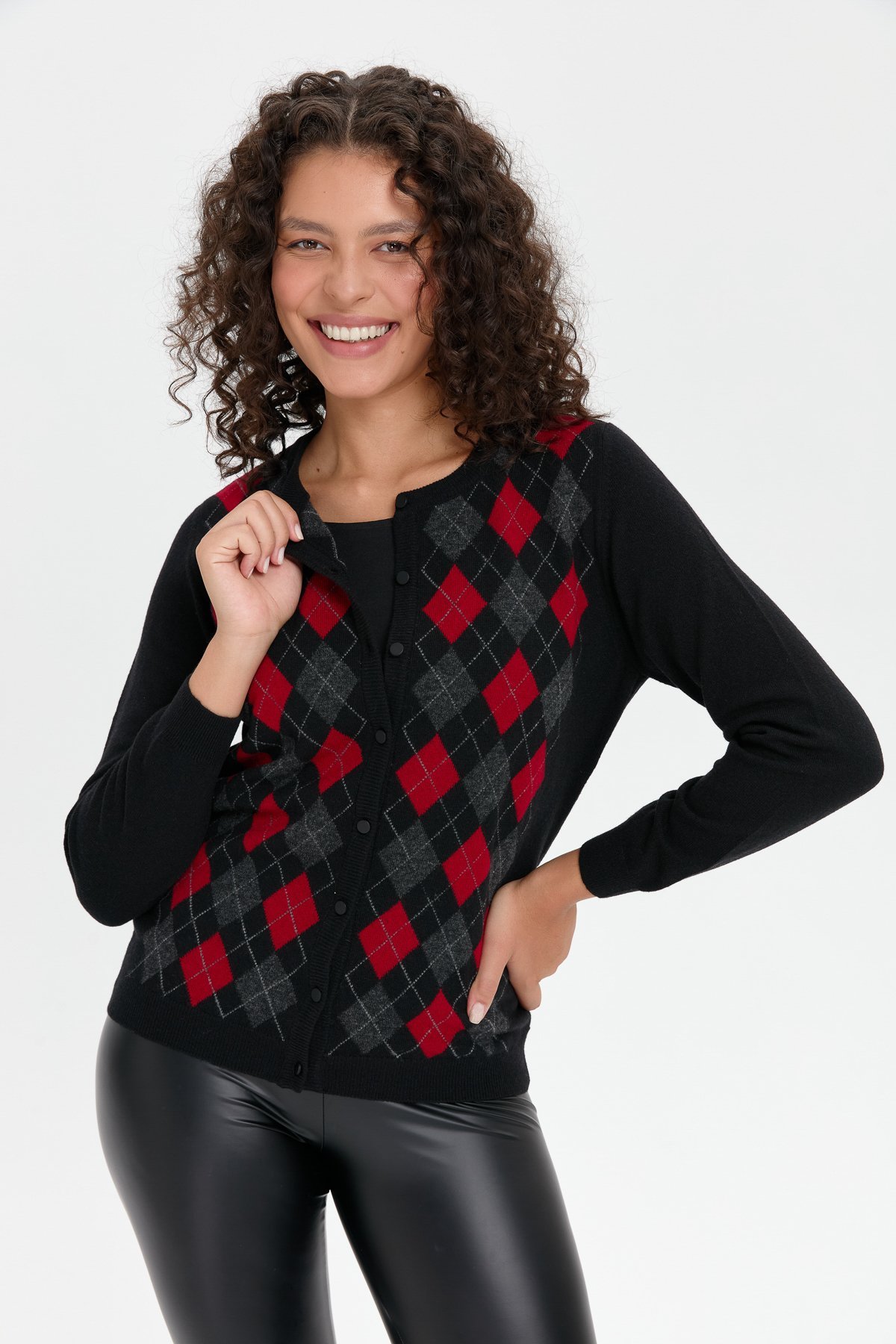 24039Kadın Sıfır Yaka Önü Baklavalı Yün Hırka Siyah